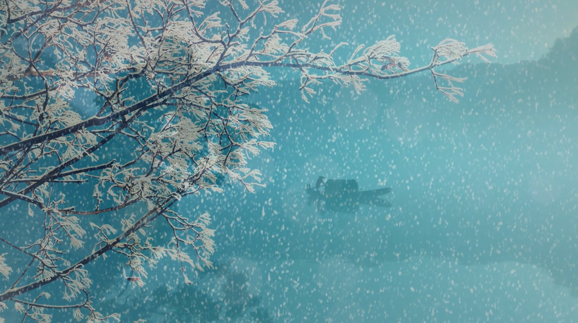 General 1920x1074 snow fisherman plants trees ice cold nature outdoors snowing cyan blue