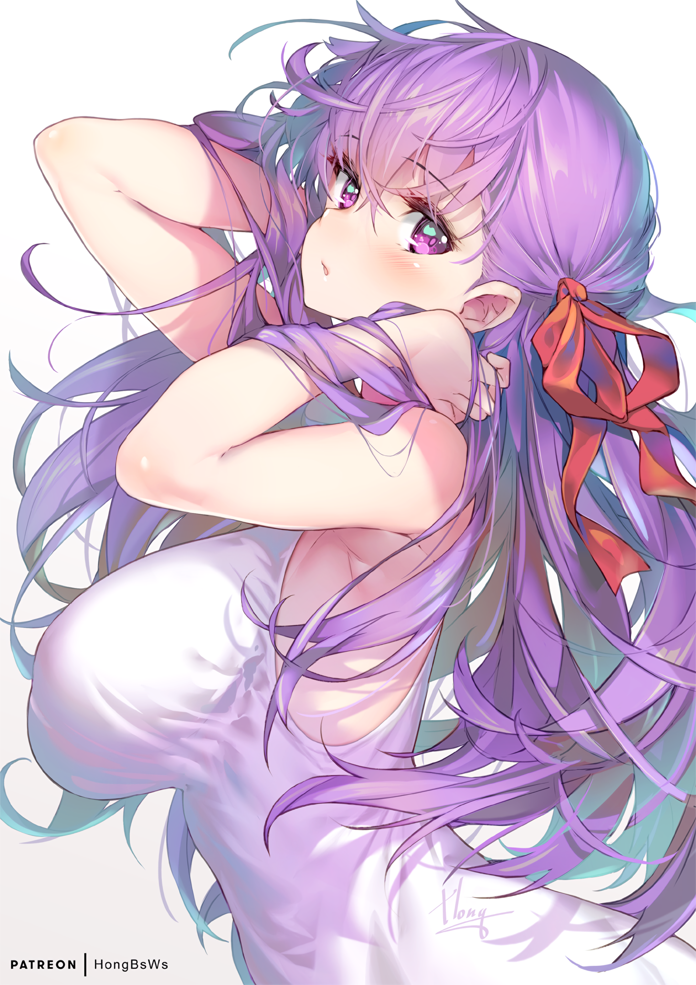 Anime 1414x2000 fate/stay night: heaven's feel Fate series Fate/Stay Night sideboob big boobs side view curvy white dress arms up touching hair long hair purple hair looking at viewer hanging boobs armpits open mouth blushing hair in face red ribbon purple eyes messy hair bangs simple background Matou Sakura ecchi 2D anime anime girls JK fan art White Spider (artist) hands on head
