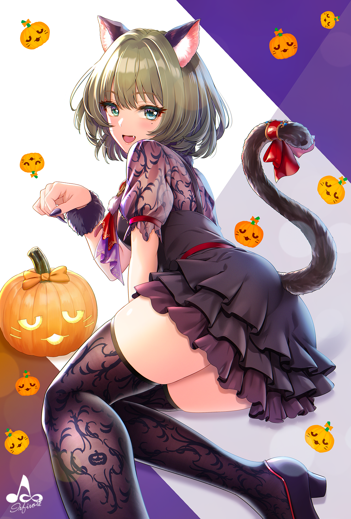 Anime 1218x1800 anime anime girls digital art artwork 2D portrait display black stockings infinote THE iDOLM@STER Takagaki Kaede Halloween cat girl dress