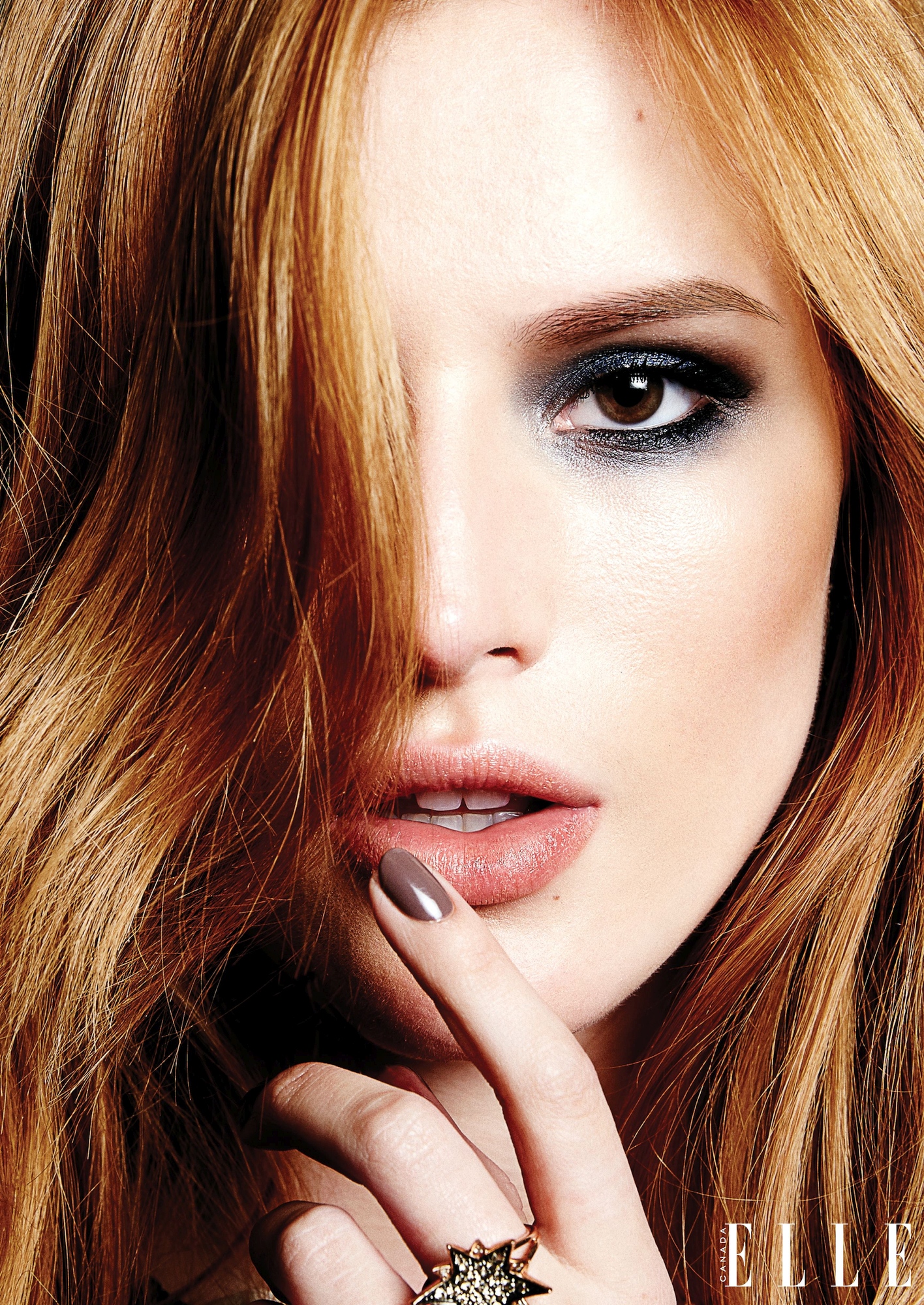 People 1416x2000 Bella Thorne women actress long hair face closeup redhead makeup smoky eyes painted nails fingers dyed hair portrait looking at viewer