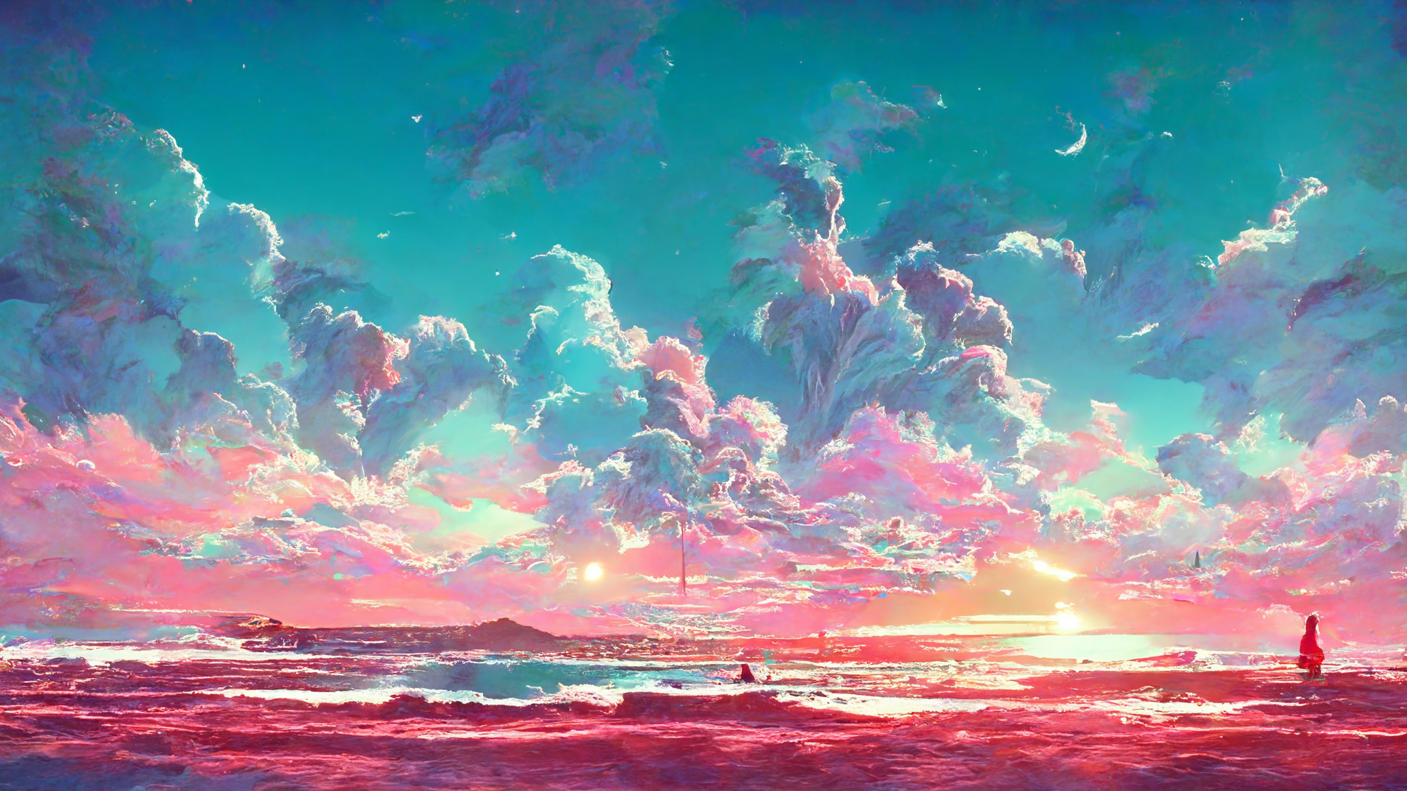 General 2048x1152 clouds vaporwave beach sunset sand Moon suns bright colorful pastel waves AI art