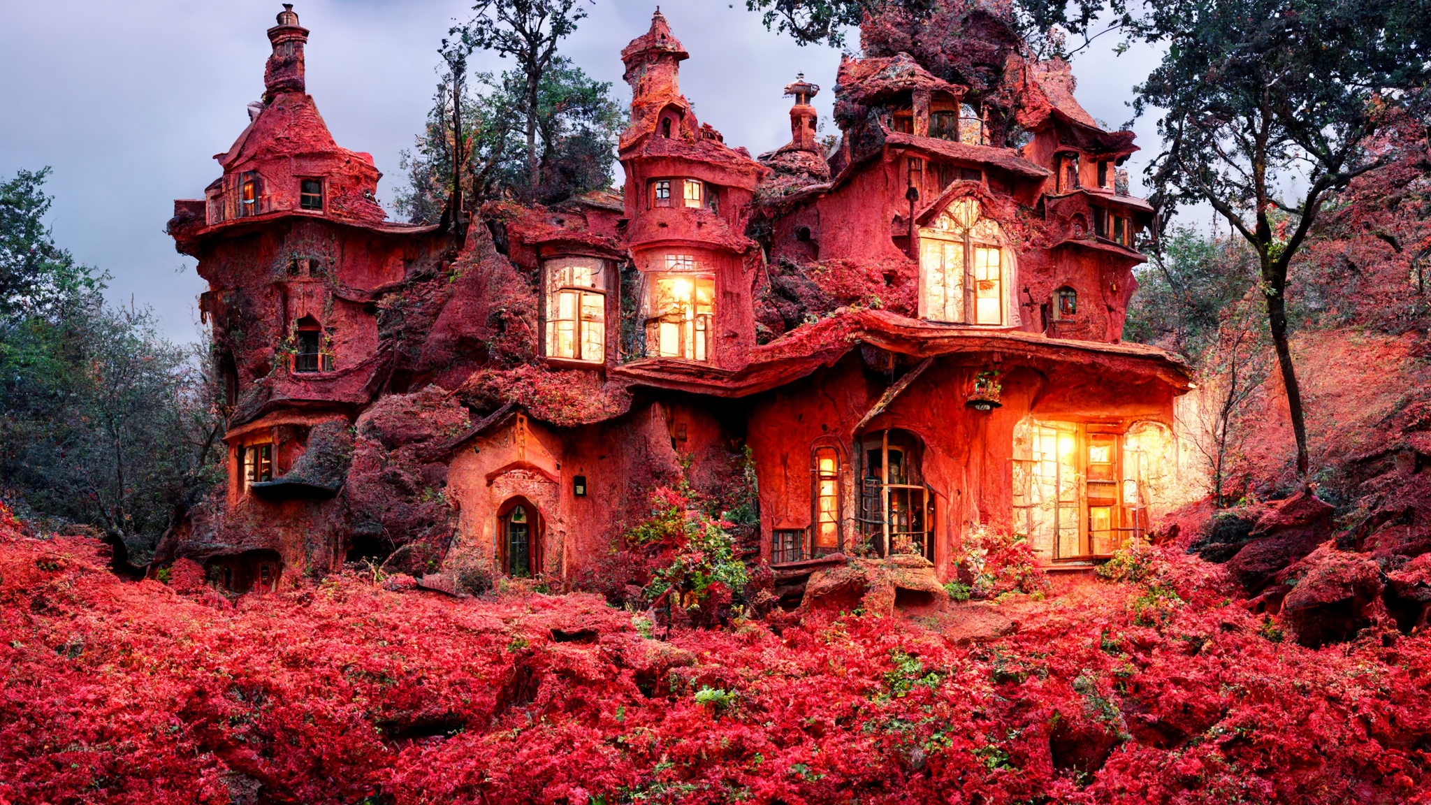 General 2048x1152 fantasy architecture red house mansions fairy tale hills nature roof garden AI art