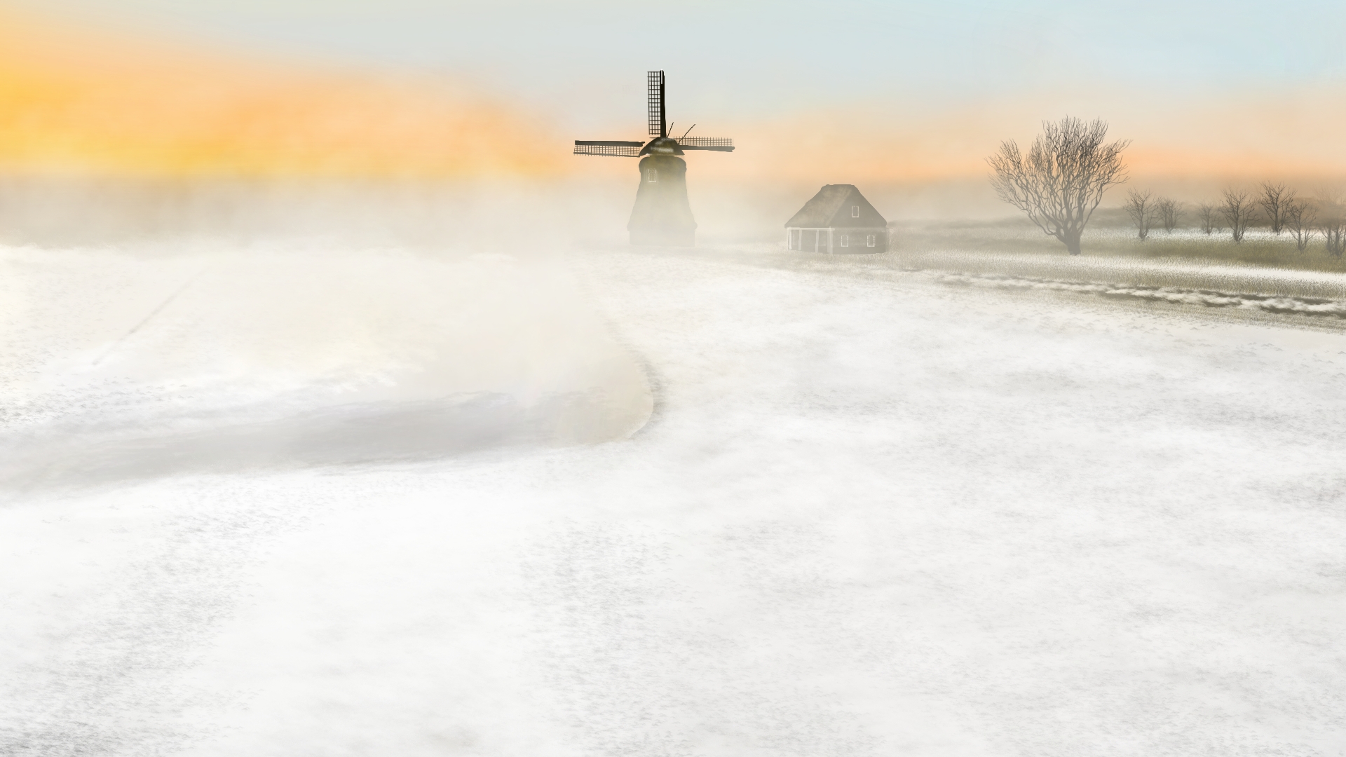 General 1920x1080 digital painting digital art windmill snow nature landscape winter