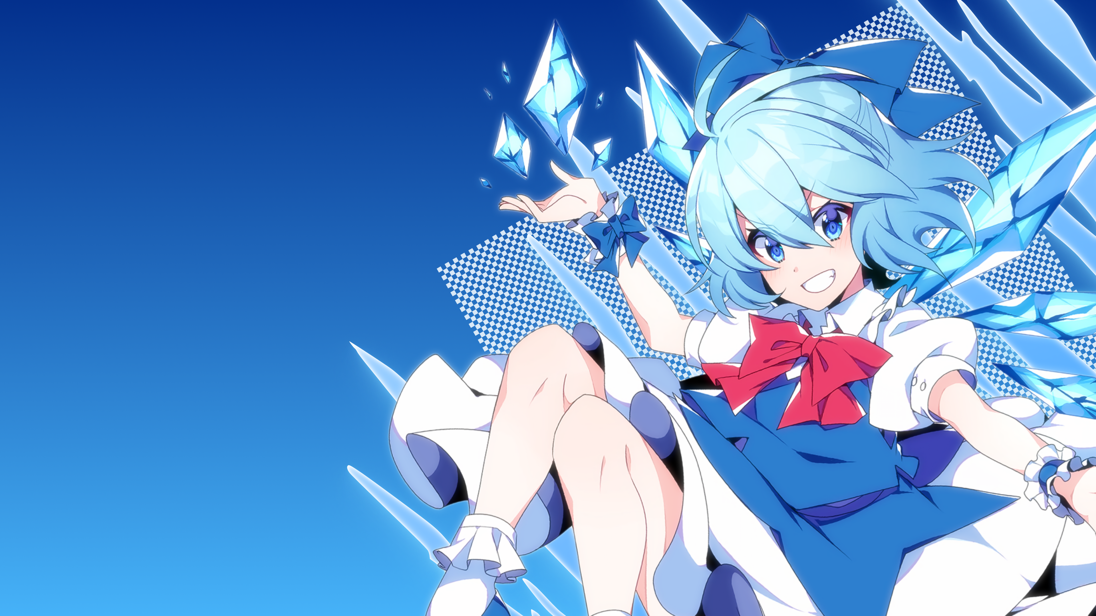 Anime 3840x2160 Touhou Cirno Ice crystals anime girls blue hair blue eyes blue background