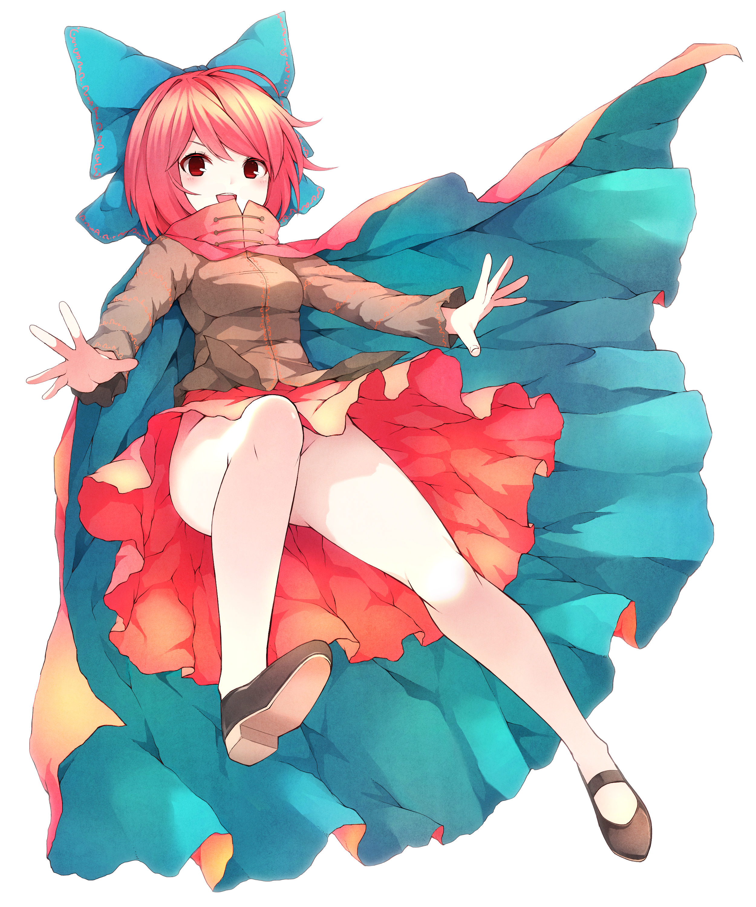Anime 2500x3000 Touhou Sekibanki anime girls redhead red eyes cape hair bows long sleeves open mouth shoes skirt smiling upskirt