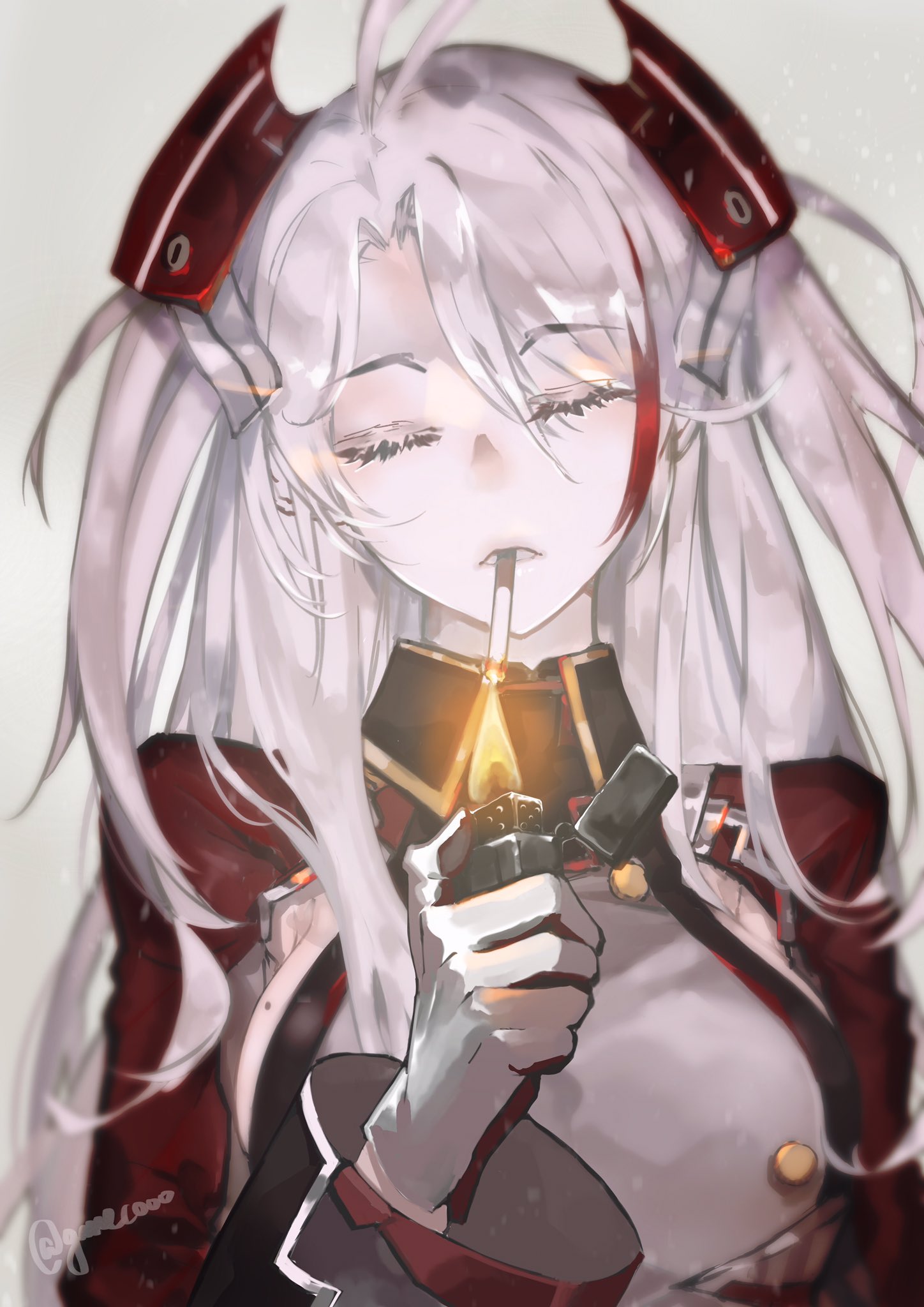 Anime 1448x2048 Azur Lane Prinz Eugen (Azur Lane) white hair stylized military uniform twintails long hair gold-trimmed clothes red clothing white gloves red gloves eyelashes cigarettes smoking closed eyes anime girls hair accessories pale detailed high detail Caucasian european