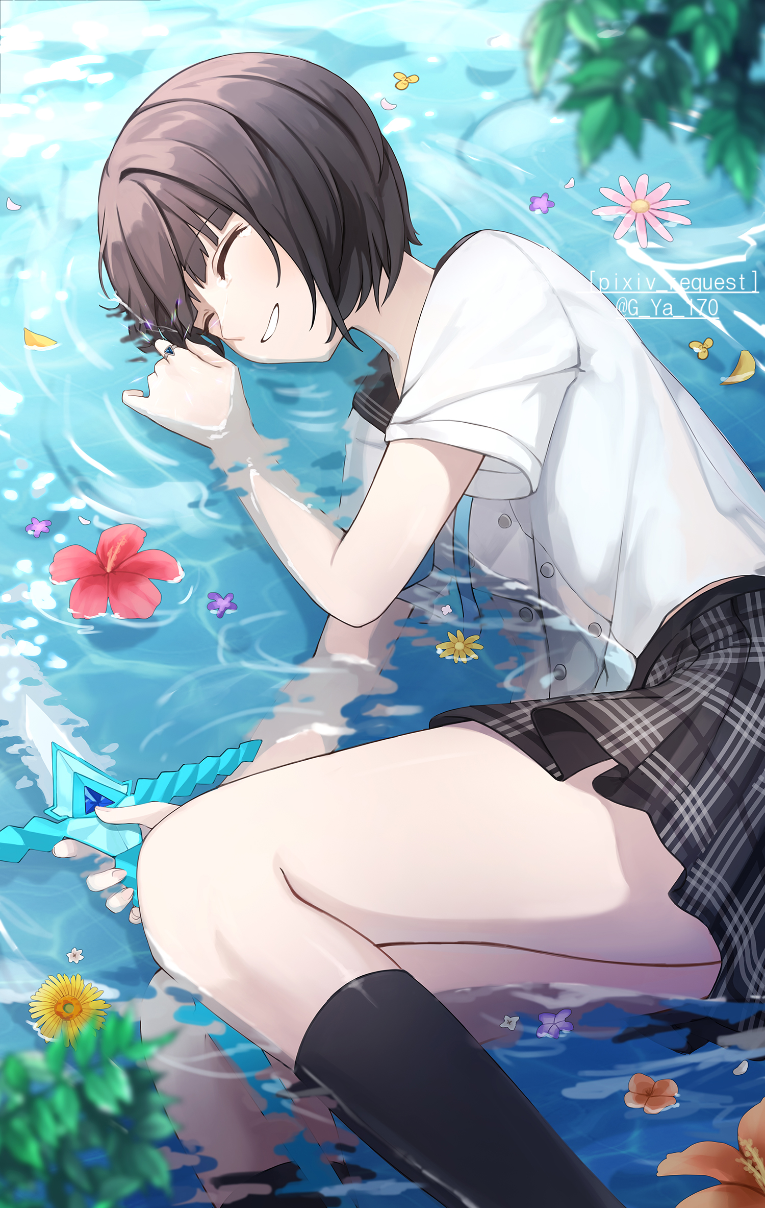 Anime 1500x2366 anime girls school uniform water flowers closed eyes short hair