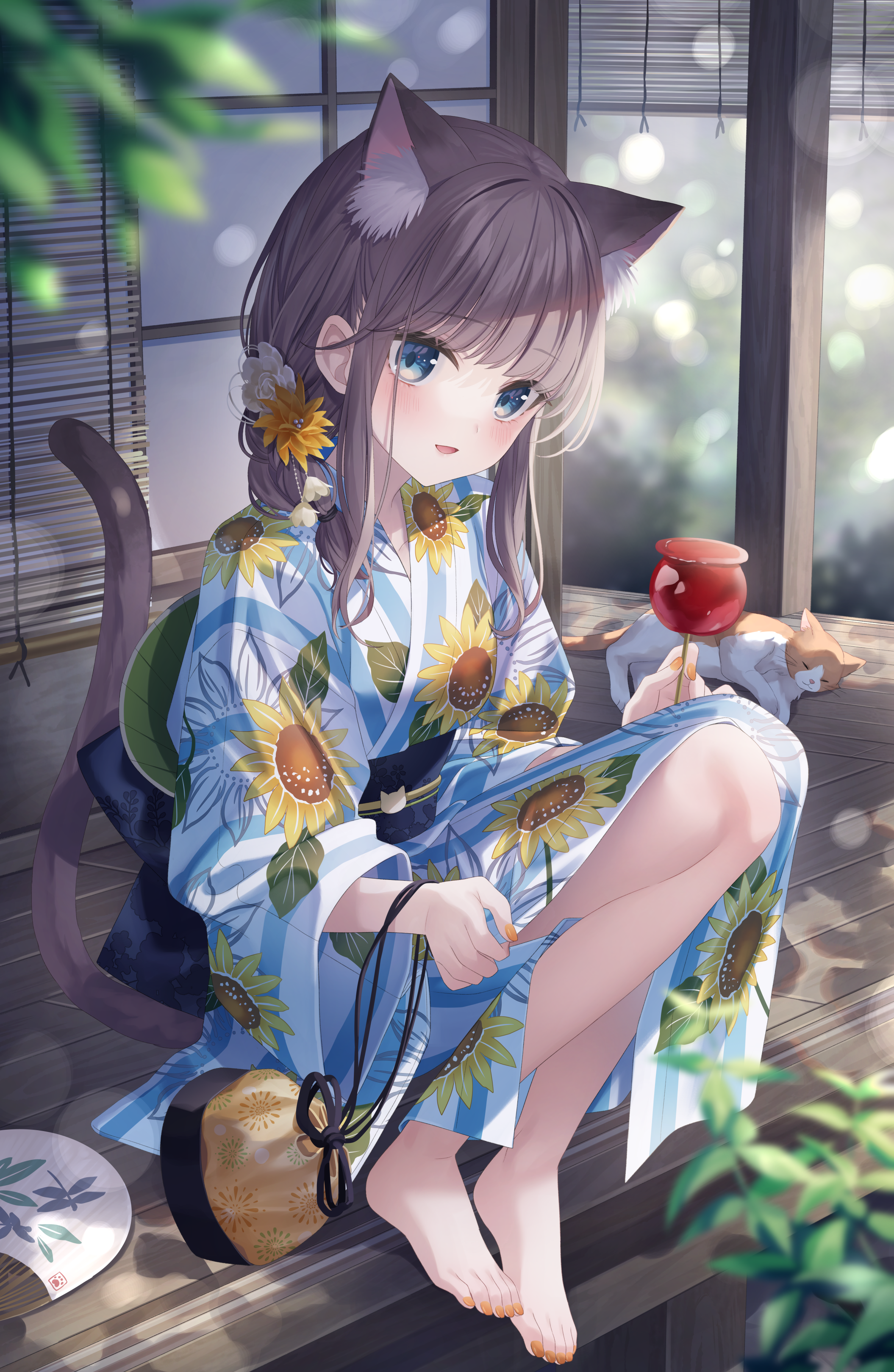 Anime 2110x3240 anime girls candy apple cat girl cat ears cat tail kimono blue eyes cats