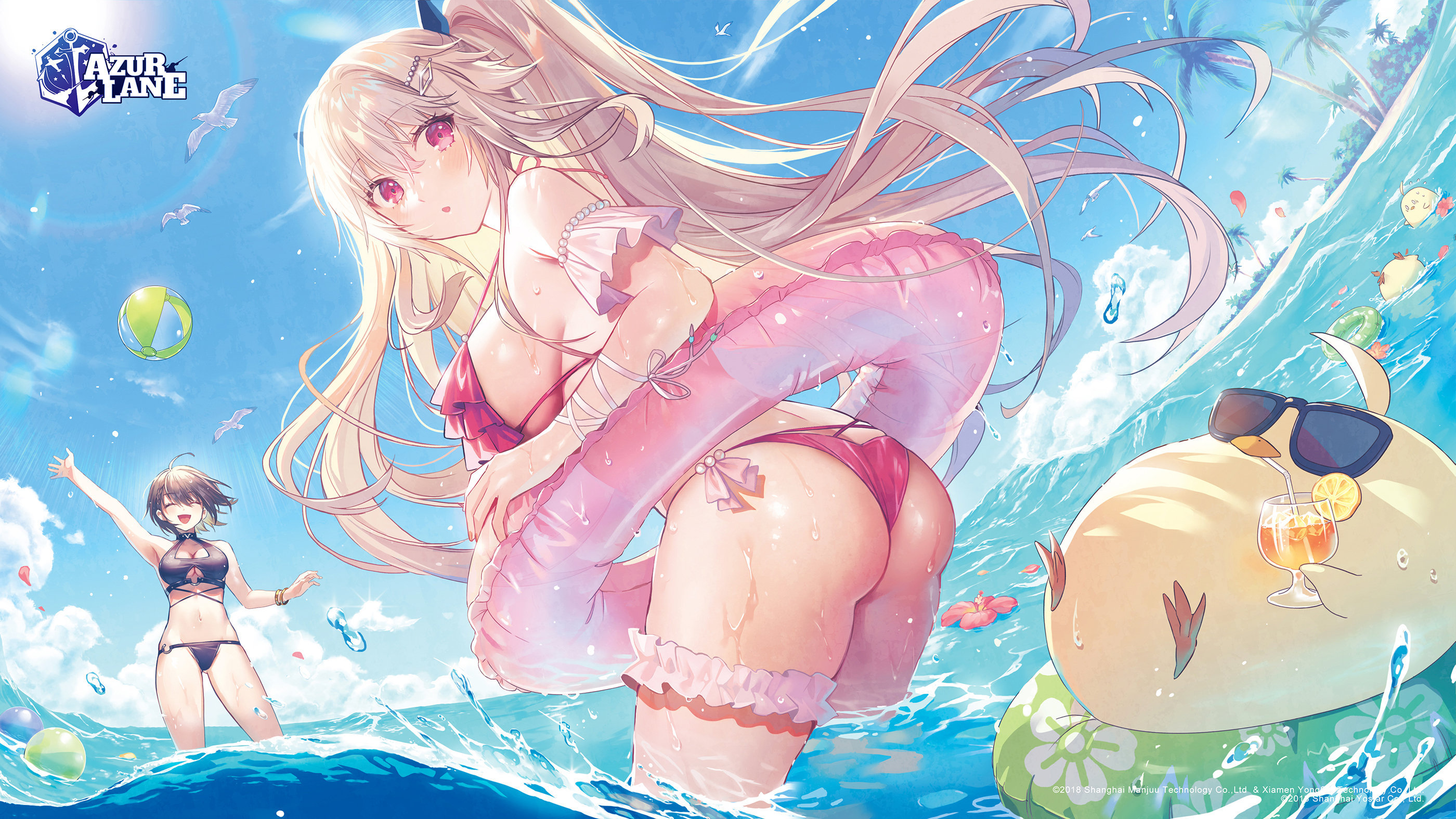 Anime 2800x1575 Anchorage (Azur Lane) Azur Lane Baltimore (Azur Lane) ass in water water clouds sky thighs bikini slime anime girls floater beach standing in water palm trees birds looking back sideboob petals water drops cocktails drink looking at viewer wet body