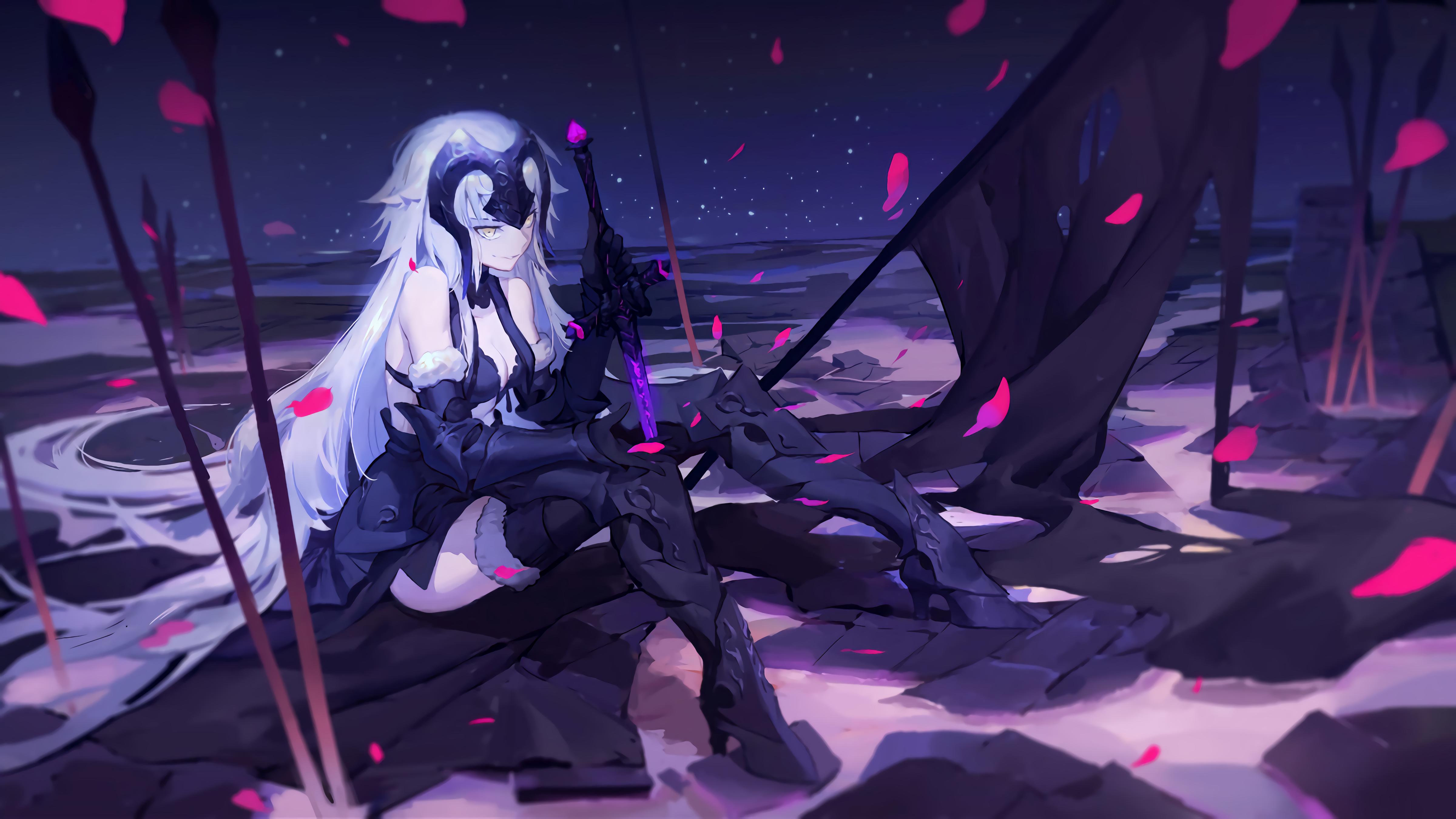 Anime 4800x2700 anime anime girls Gods (artist) artwork Fate series Fate/Grand Order Jeanne d'Arc (Fate) Jeanne (Alter) (Fate/Grand Order) silver hair long hair yellow eyes armor weapon