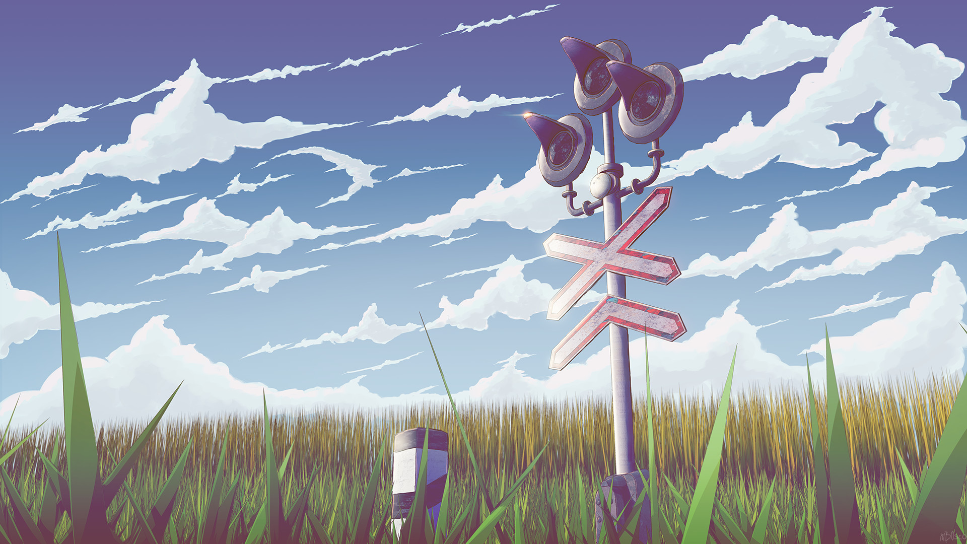 Anime 1920x1080 Bogdan mB0sco digital art clouds grass railway