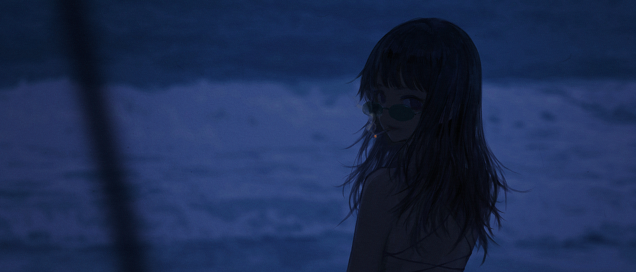 Anime 2200x943 anime anime girls Wang Xi smoking dark hair sunglasses