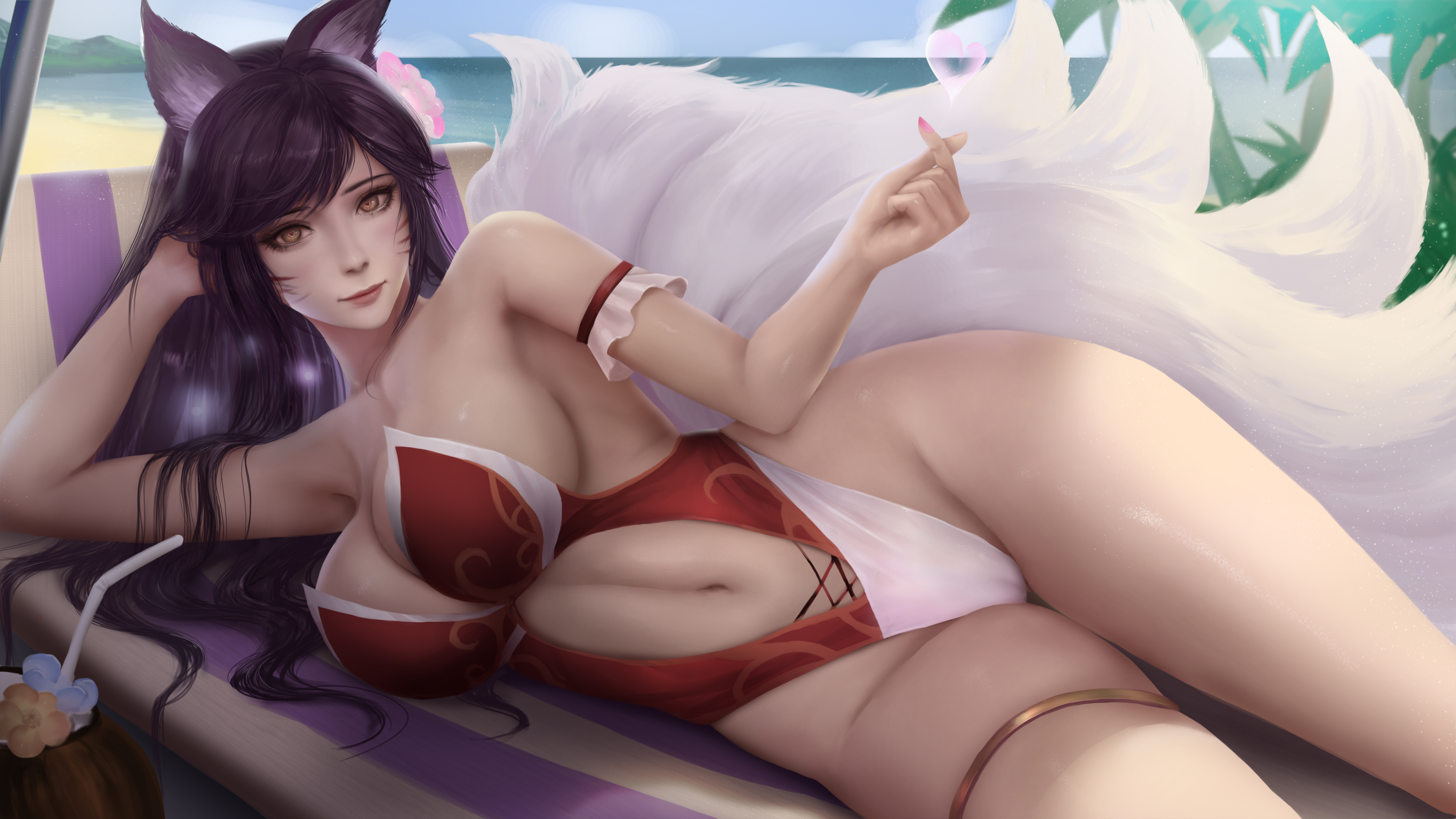 General 5476x3080 Ahri (League of Legends) League of Legends video games fantasy girl video game characters fox girl fox ears nine tails long hair looking at viewer bare shoulders swimwear monokinis one-piece swimsuit cleavage belly lying on side curvy summer the gap beach 2D artwork drawing illustration fan art Windwalker Ture animal ears bunny girl cameltoe