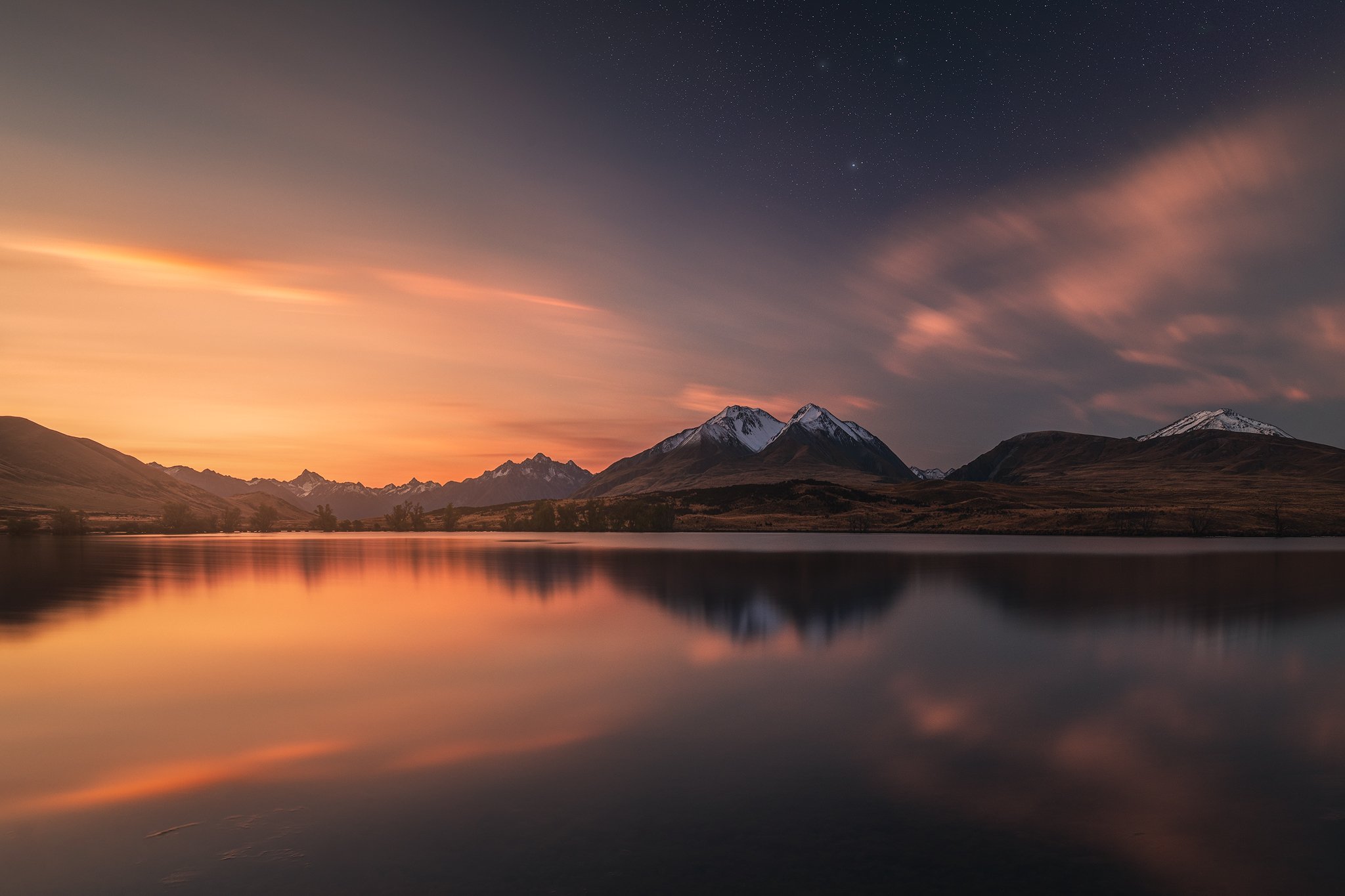 General 2048x1365 nature mountains sky clouds lake reflection snow sunset trees landscape stars low light