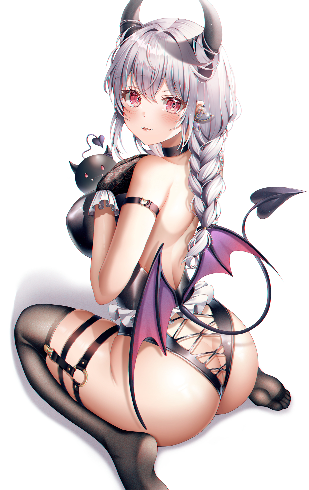 Anime 1200x1898 anime anime girls demon tail horns stockings bat wings simple background tail white background ass demon girls rear view mole under eye moles pink eyes silver hair SSONG2 portrait display original characters wings looking over shoulder braids black stockings choker parted lips backless bent legs succubus black leotard leotard looking back looking at viewer leg garter hair between eyes earring ponytail black gloves