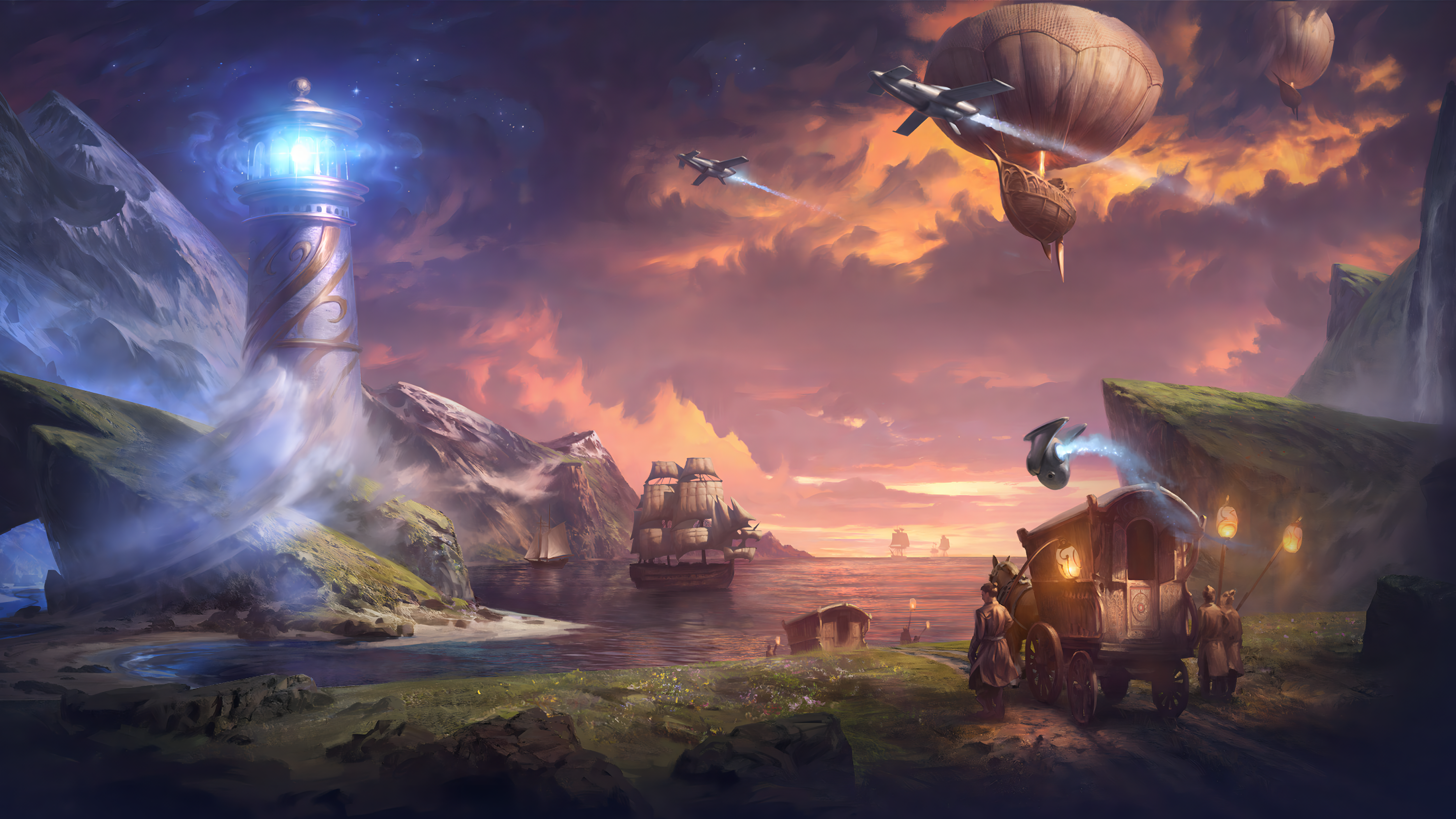 General 5000x2813 digital art lighthouse ship airships upscaled Dreamhaven