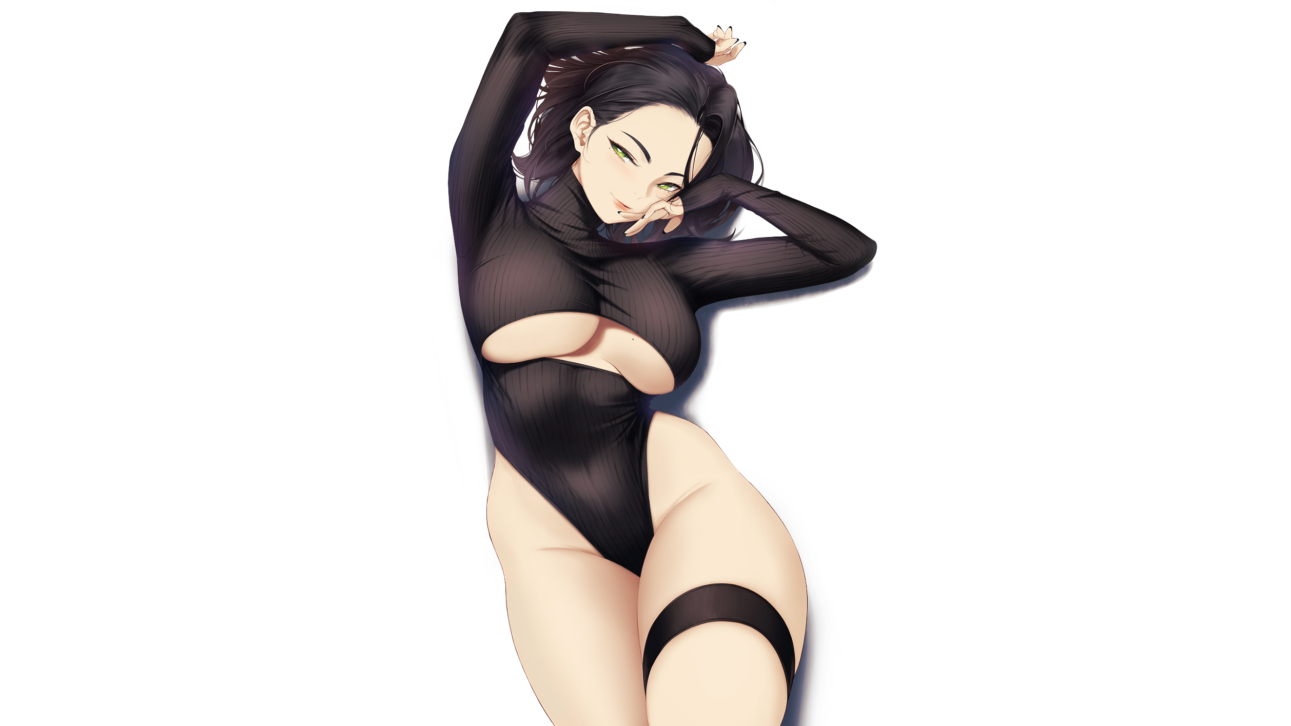 Anime 2516x1415 anime anime girls original characters white background simple background black hair sensual gaze bodysuit underboob thick thigh 2D artwork drawing blueorca