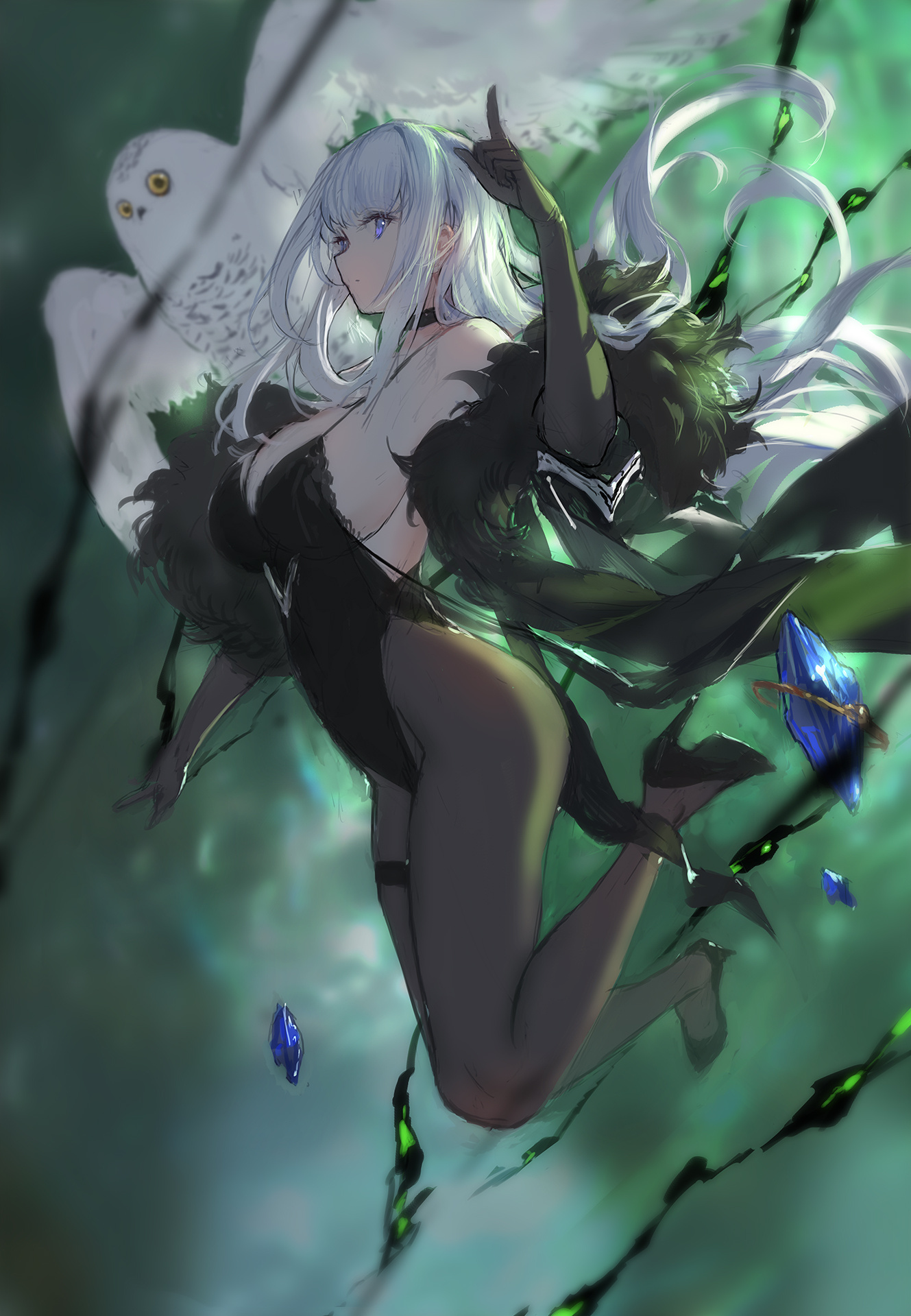 Anime 1329x1919 Swd3e2 anime girls snowy owl pantyhose sideboob profile white hair blue eyes black high-heels elbow gloves necklace big boobs black dress sleeveless cuffs lace leotard looking sideways smooth body hair blowing in the wind