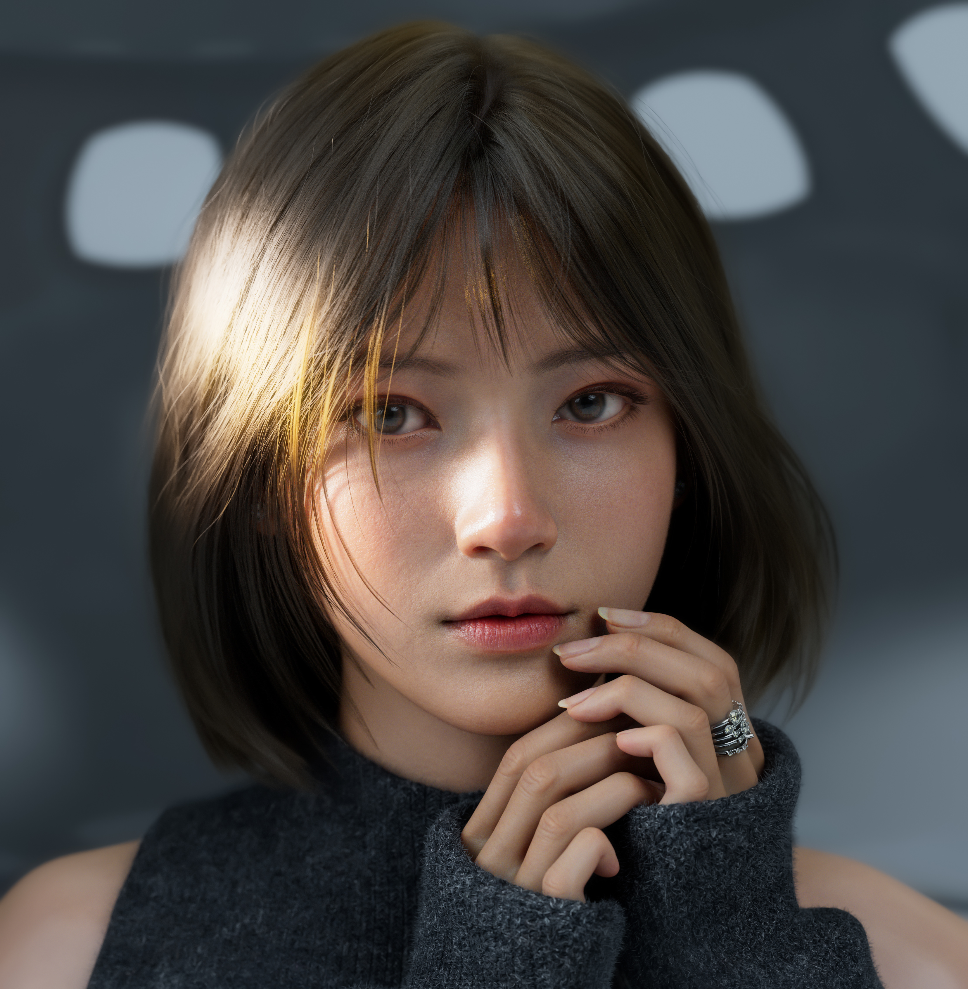 General 3312x3386 women Asian portrait rings sweater pale Glow Zhao simple background CGI looking at viewer brunette