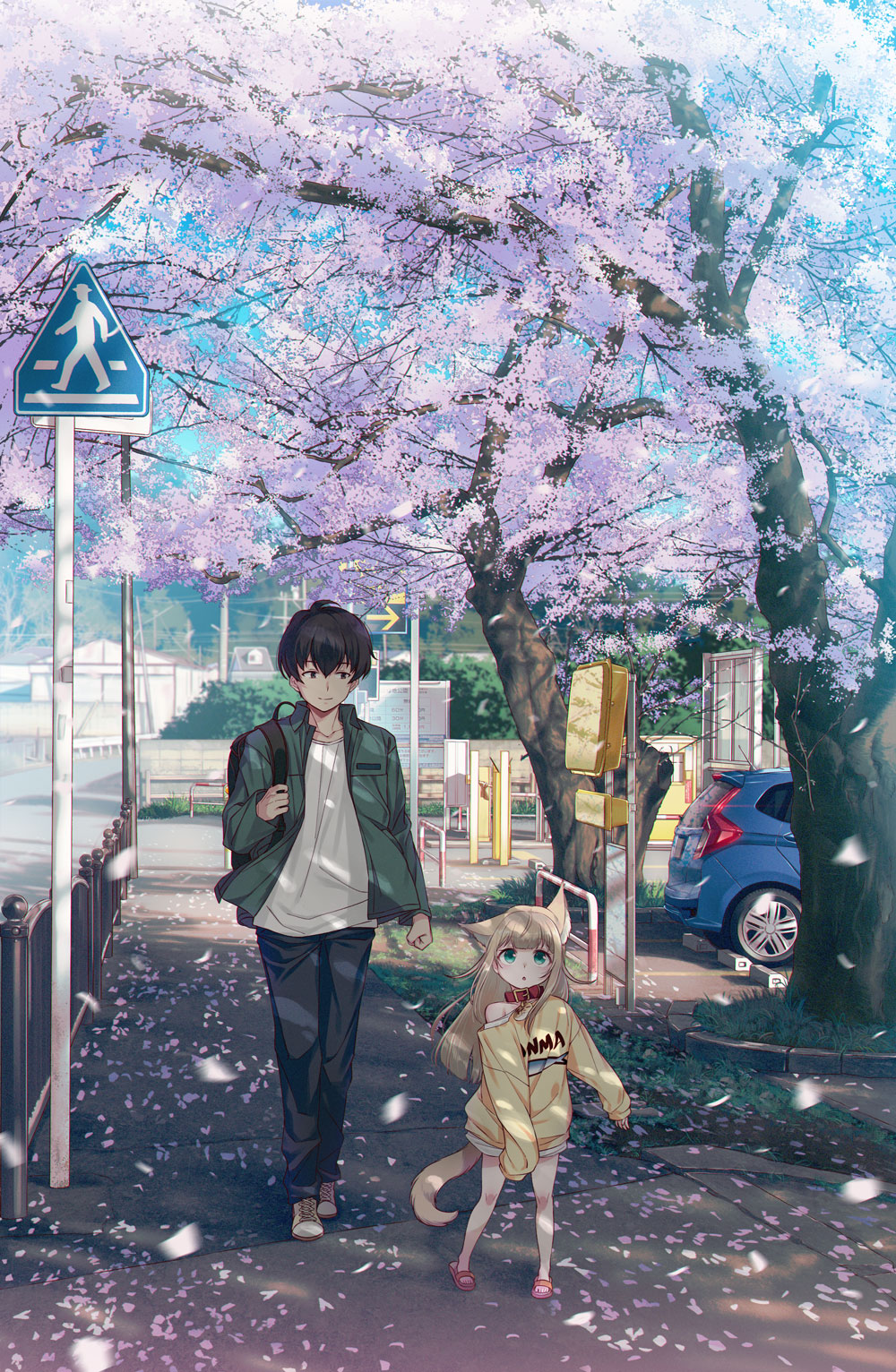 Anime 1000x1532 anime cherry blossom artwork 40hara anime boys anime girls cat girl loli Kinako