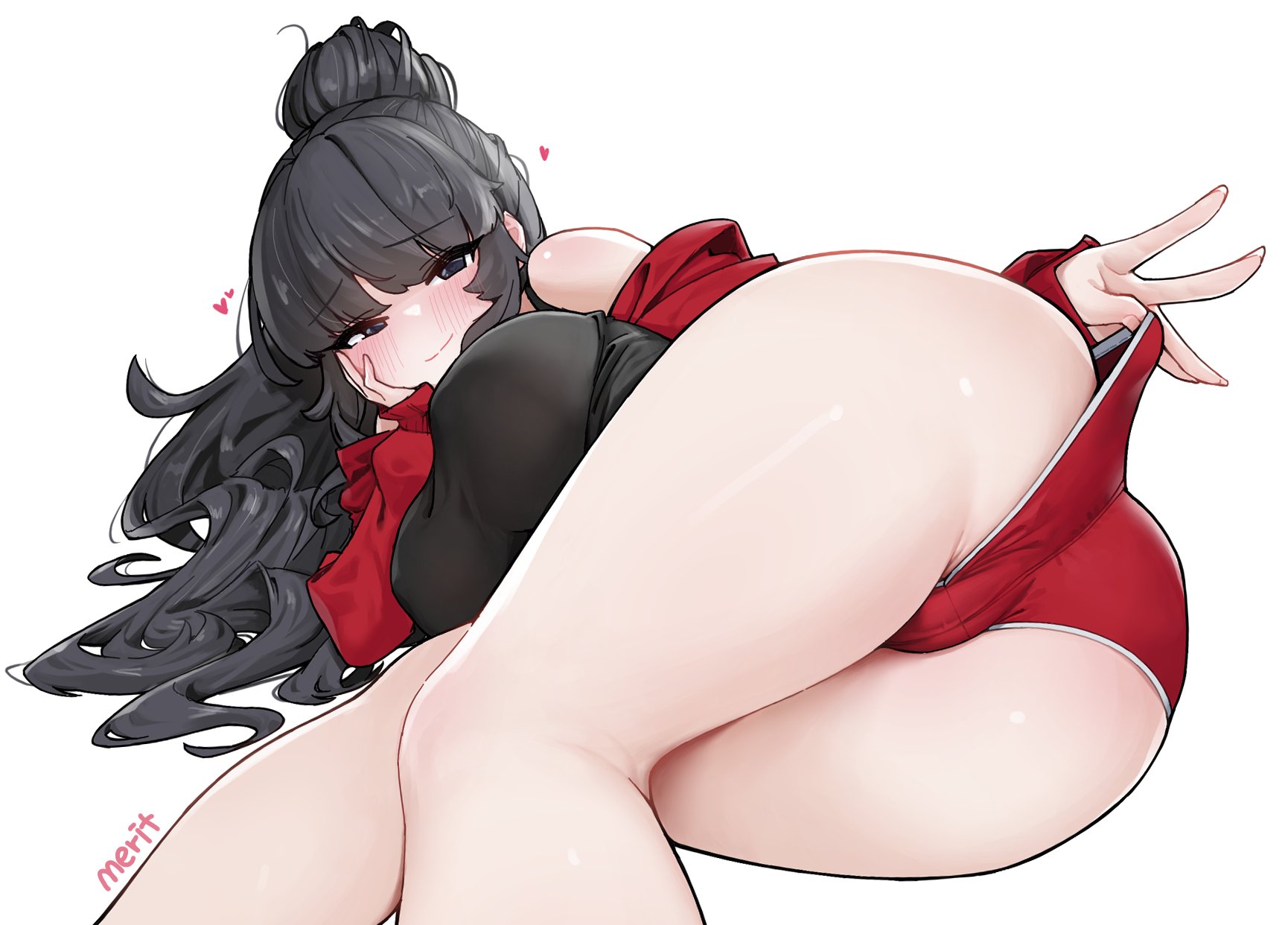 Anime 1730x1242 nujig anime girls ass thighs black hair long hair blunt bangs blushing white background red panties