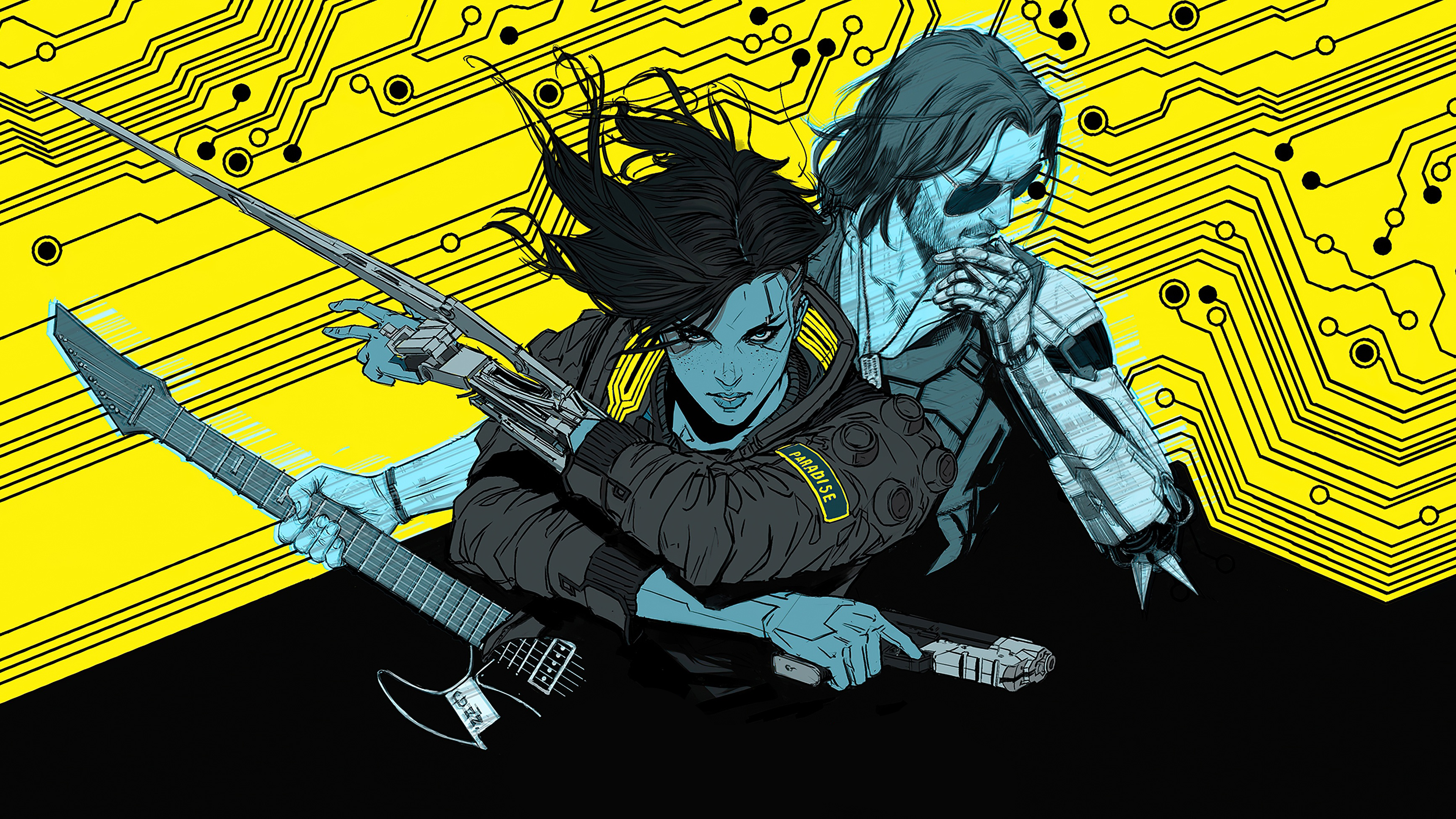 General 3840x2160 Johnny Silverhand Cyberpunk 2077 yellow black sunglasses guitar pistol digital art blue video games