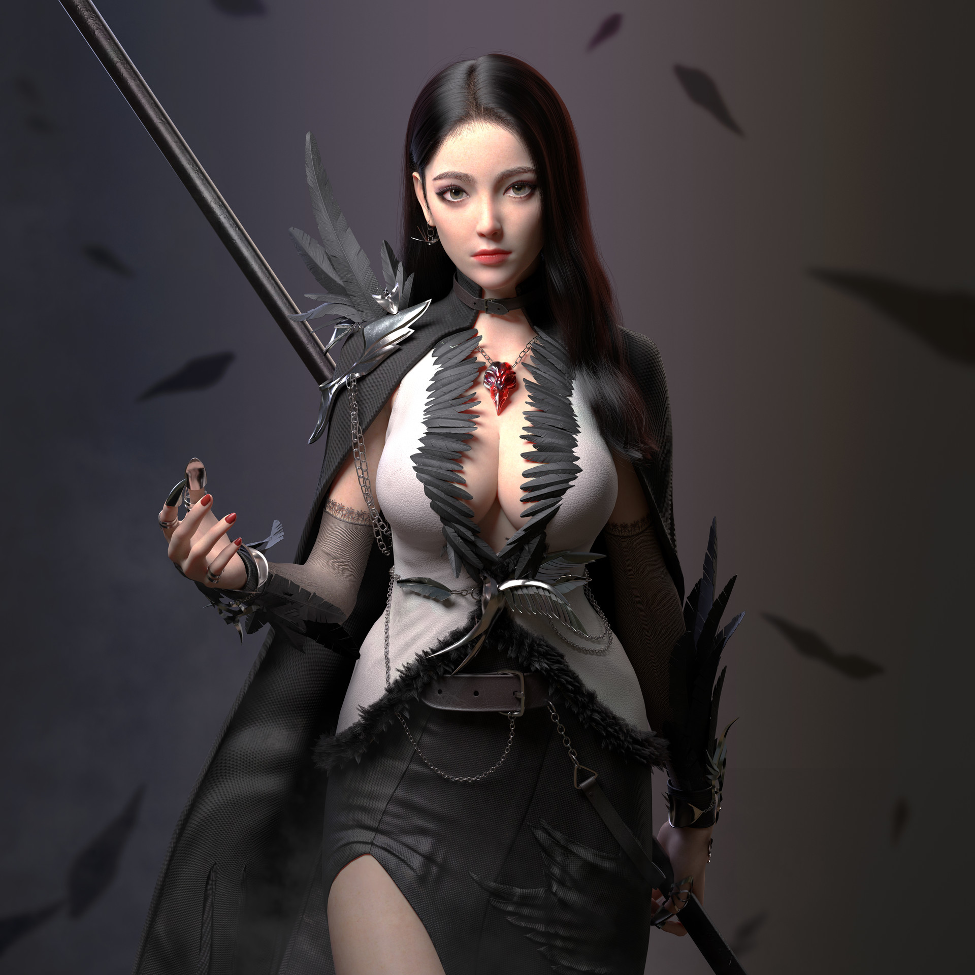 General 1920x1920 Cifangyi women dark hair dress black clothing painted nails necklace weapon feathers CGI