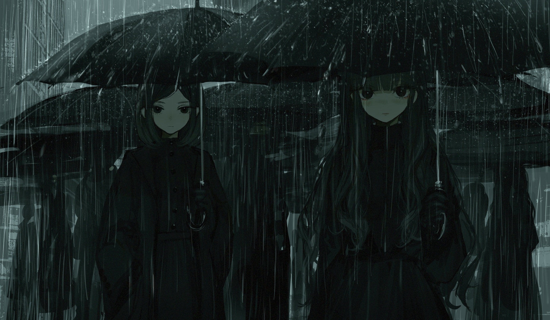 Anime 1853x1077 anime anime girls umbrella rain long hair dark hair dark eyes coats artwork ɴᴀʀᴜᴇ