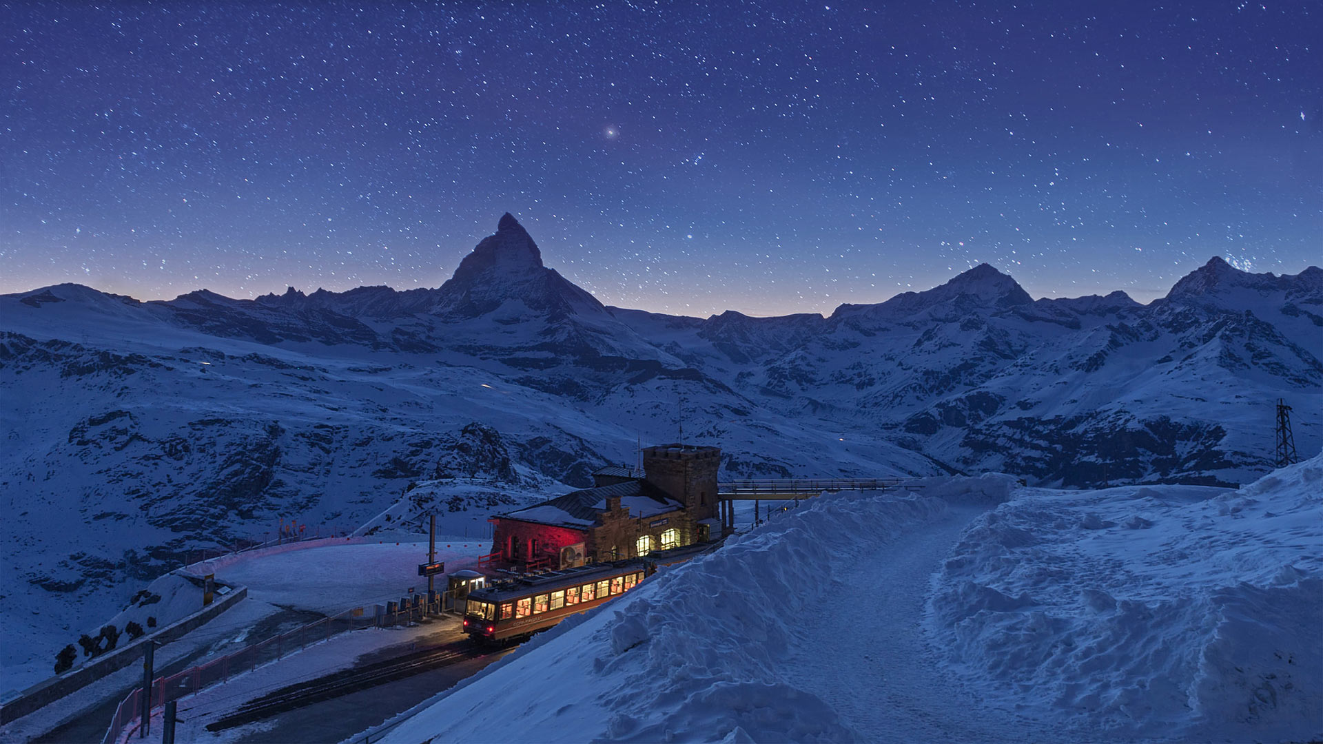 General 1920x1080 winter snow mountains night Zermatt train railway Switzerland Matterhorn low light