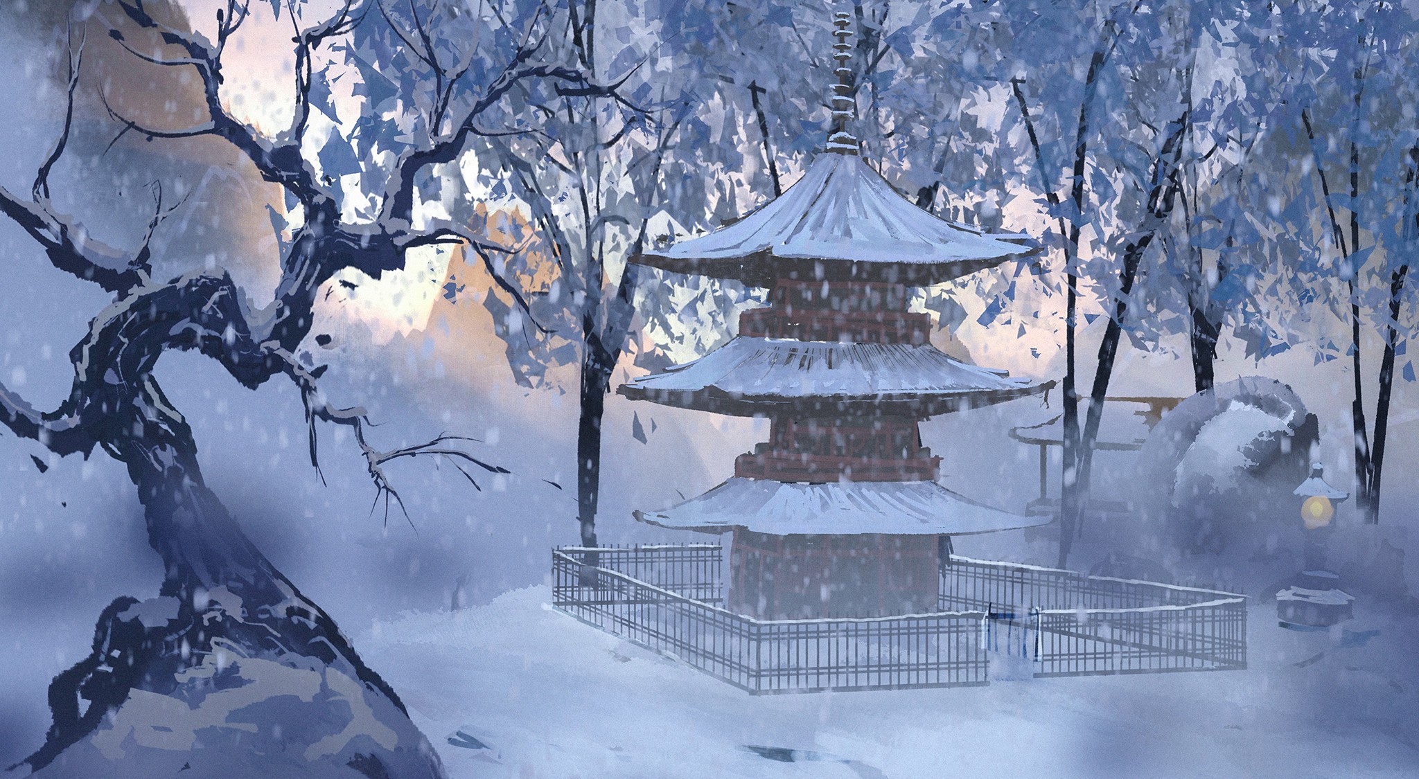 Anime 2048x1125 anime temple winter snow Surendra Rajawat