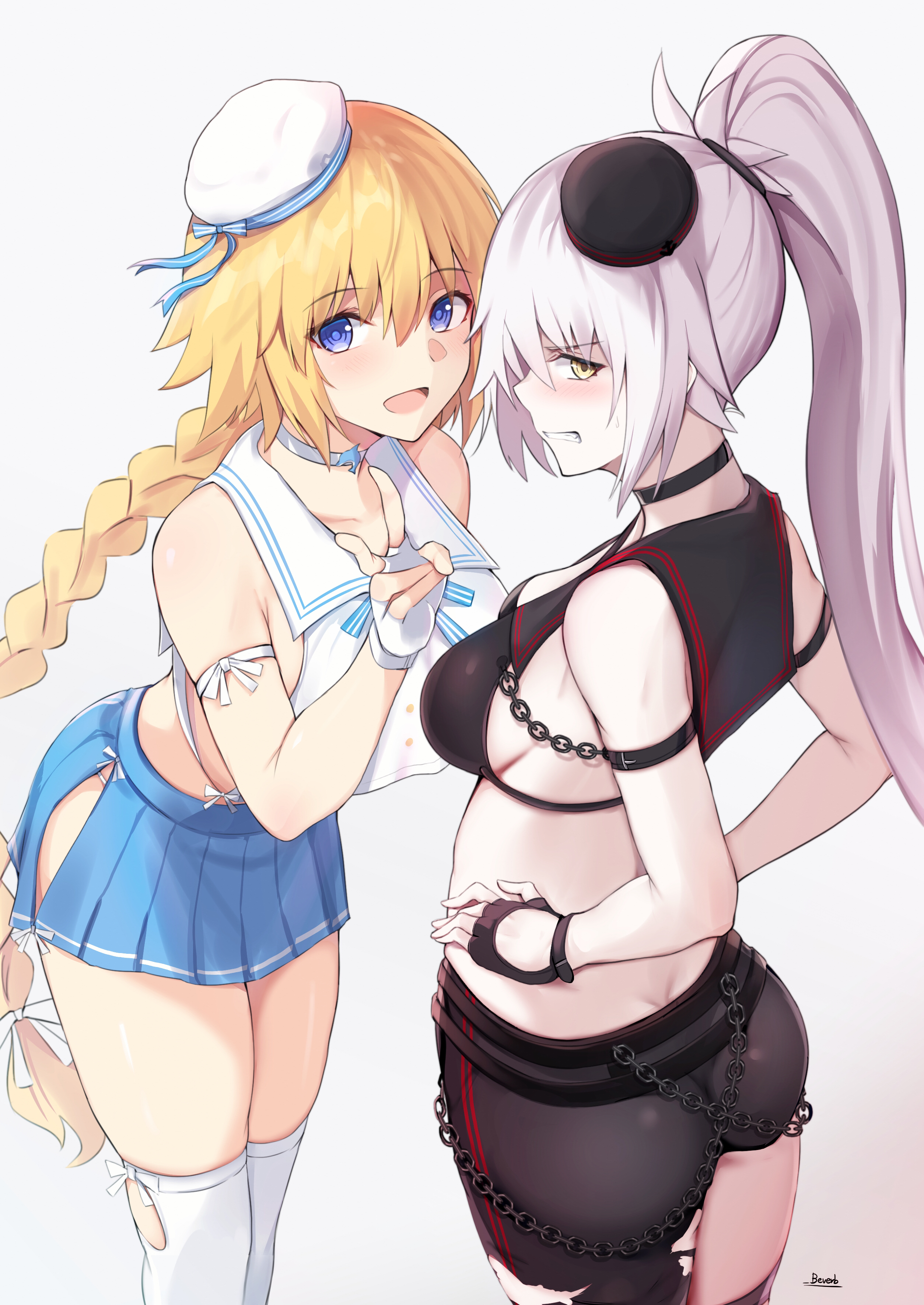 Anime 2508x3541 anime anime girls digital art artwork 2D portrait display two women simple background white background miniskirt ass sideboob standing blonde yellow eyes hat women with hats looking at viewer silver hair blue eyes braids ponytail Bee Doushi Fate series Fate/Grand Order Fate/Apocrypha  Jeanne d'Arc (Fate) Jeanne (Alter) (Fate/Grand Order)