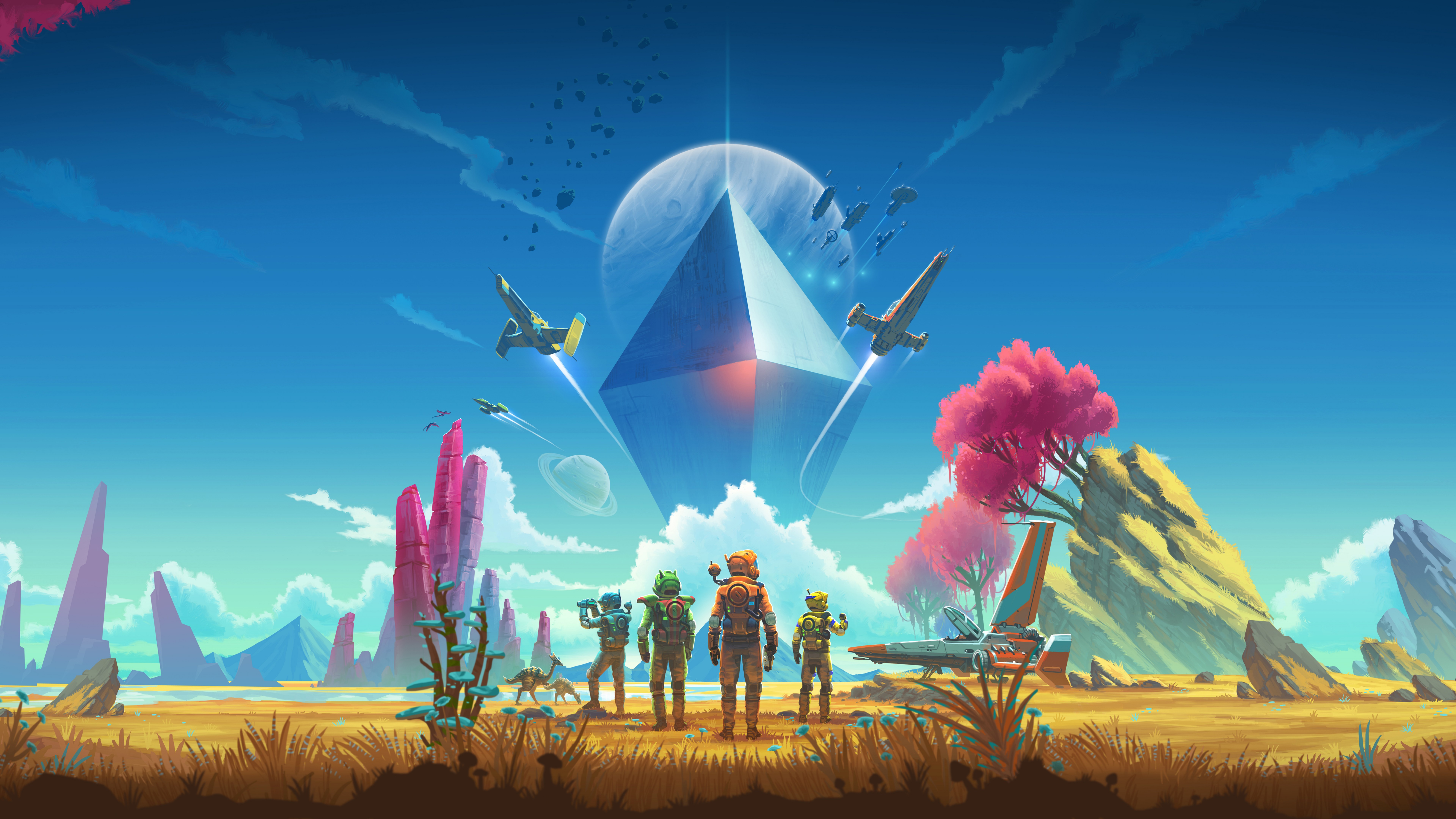 General 7680x4320 No Man's Sky centered rear view aircraft geometric figures spacesuit airplane planet