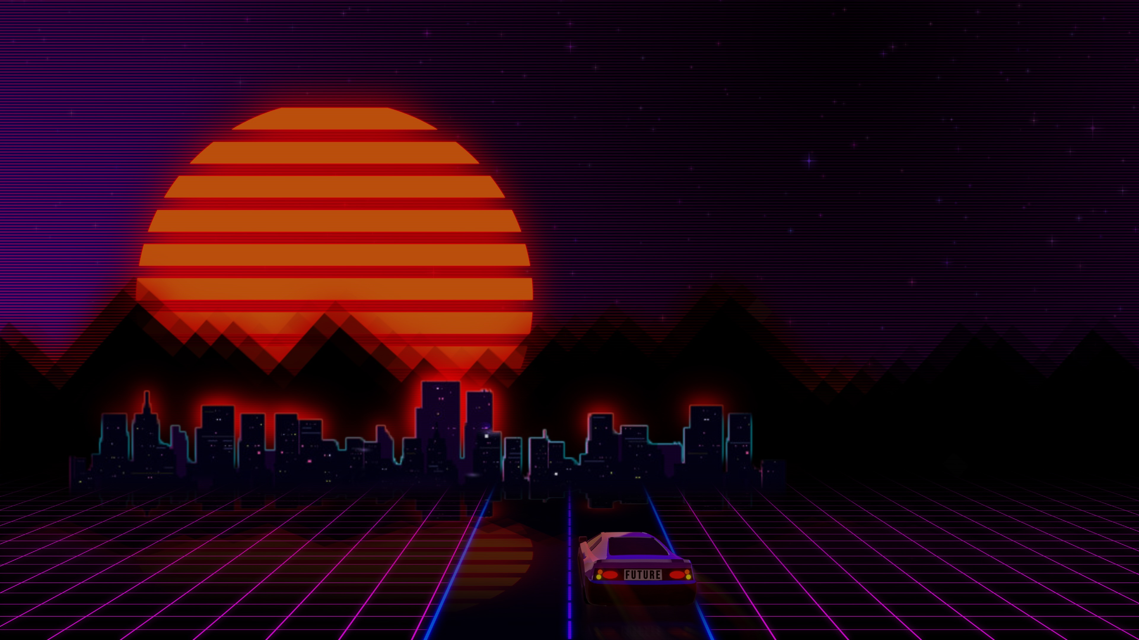 General 3840x2160 synthwave vaporwave retrowave DeLorean Sun city grid digital art skyline