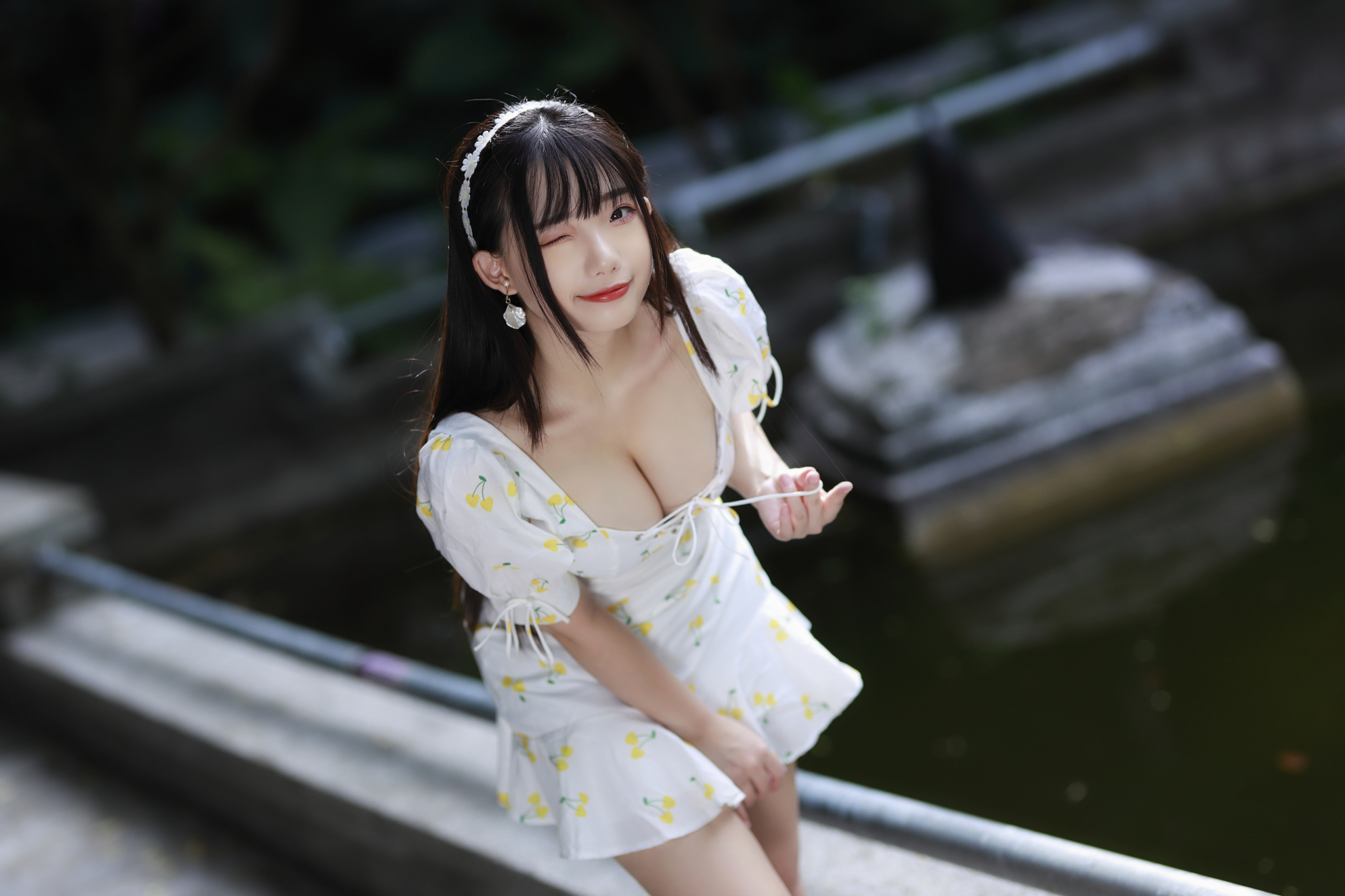People 2048x1365 women Asian women outdoors long hair white blouse cleavage wink Ning Shioulin blunt bangs black hair red lipstick dress white dress one eye closed looking at viewer Chinese Chinese model lace up top