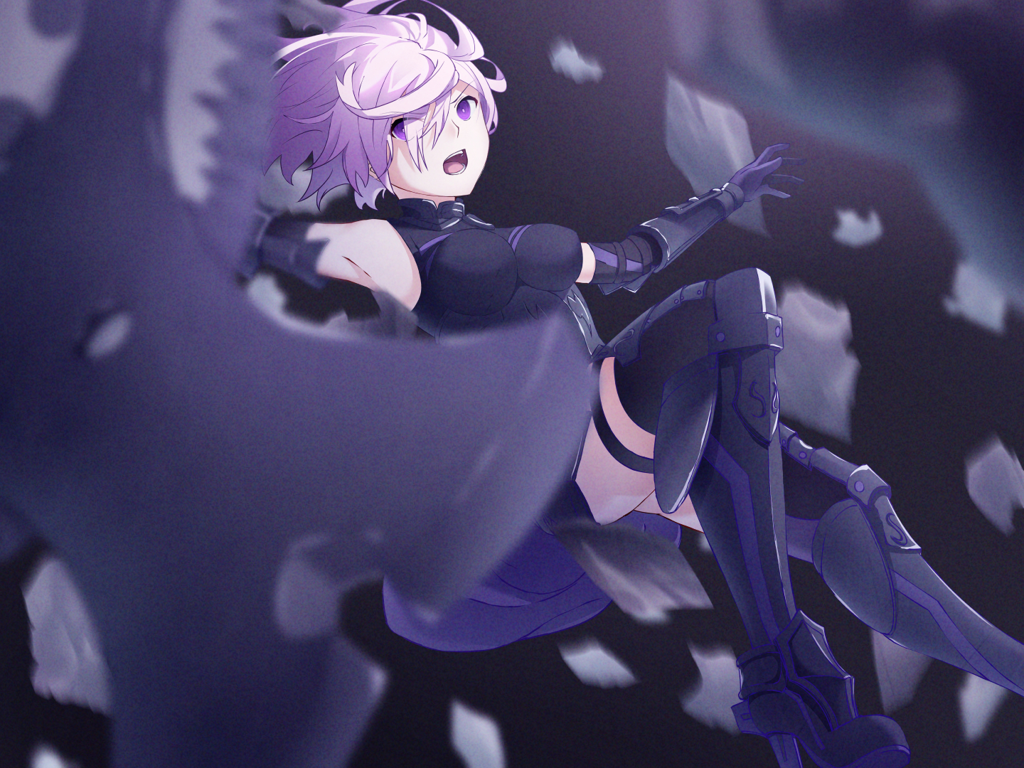 Anime 1440x1080 anime anime girls yama (artist) Fate/Grand Order Fate series big boobs thighs female warrior armored woman falling 2D short hair purple hair Mash Kyrielight purple eyes open mouth looking away bangs hair over one eye fan art fighting