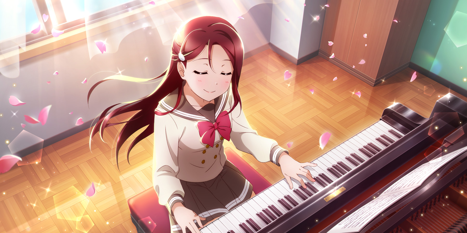 Anime 1800x900 anime girls closed eyes piano Love Live! Sunshine Sakurauchi Riko Love Live! petals