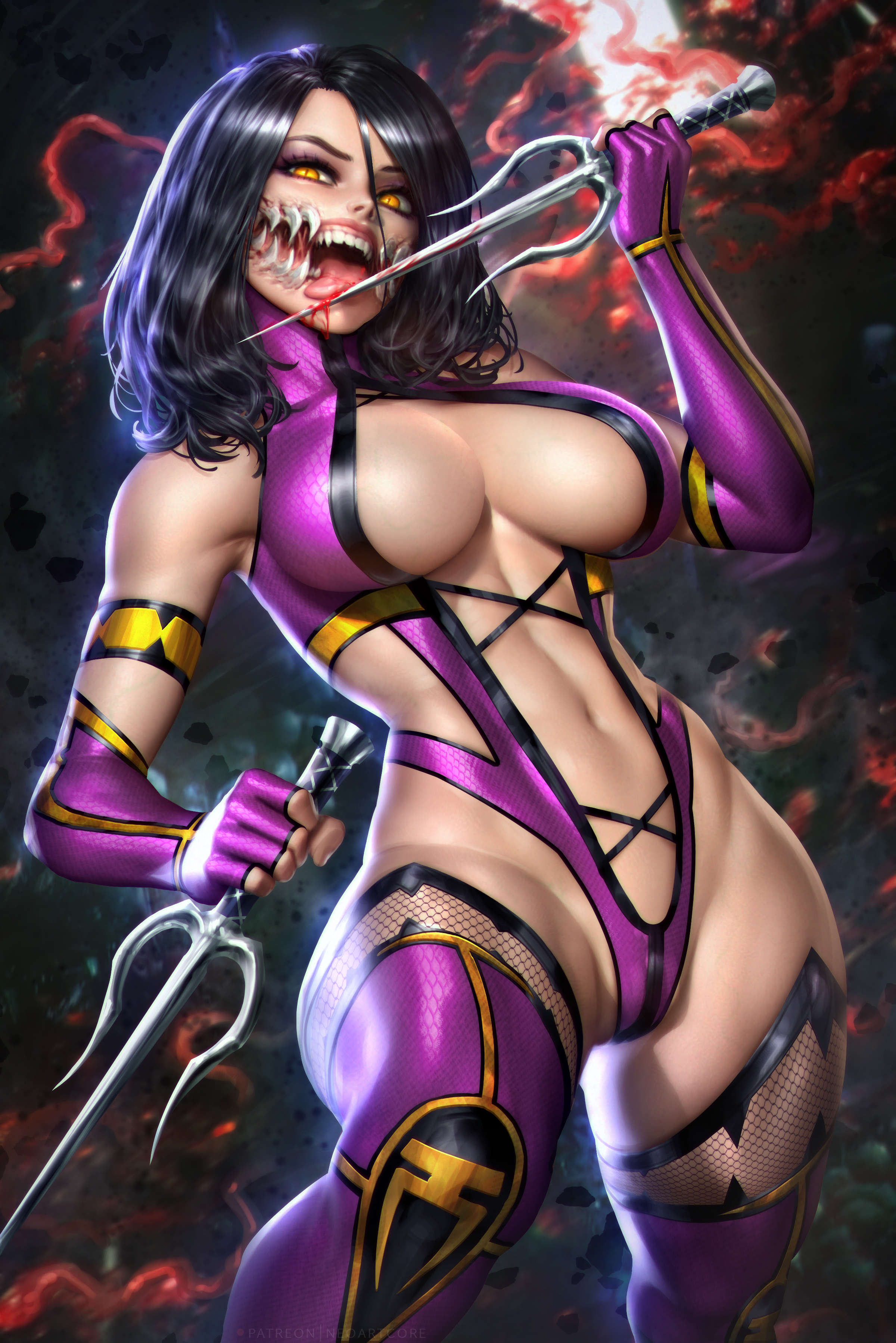General 2400x3597 Mileena (Mortal Kombat) Mortal Kombat video games video game girls fictional character fantasy girl women video game characters arm warmers weapon blood licking tongue out bodysuit cleavage belly thick thigh fishnet stockings fantasy art artwork 2D illustration fan art digital art NeoArtCorE (artist) video game warriors curvy boobs big boobs fangs dagger black hair