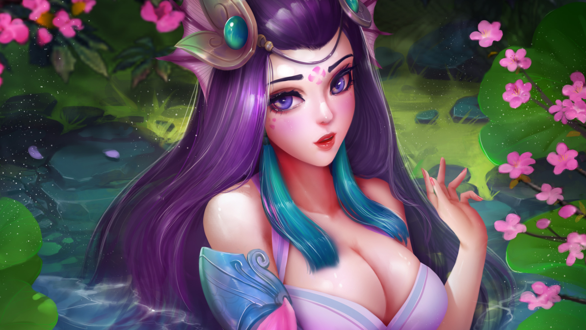 General 1920x1080 League of Legends Nami (League of Legends) boobs big boobs purple hair video game art video game girls fantasy art fantasy girl purple eyes red lipstick long hair flowers plants PC gaming