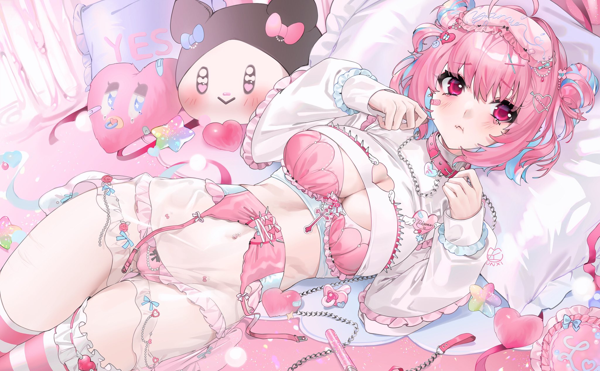 Anime 2048x1266 anime girls portrait display Unxi THE iDOLM@STER Riamu Yumemi pouting pink hair pink eyes tears in bed collar leash see-through clothing underwear cleavage thigh-highs