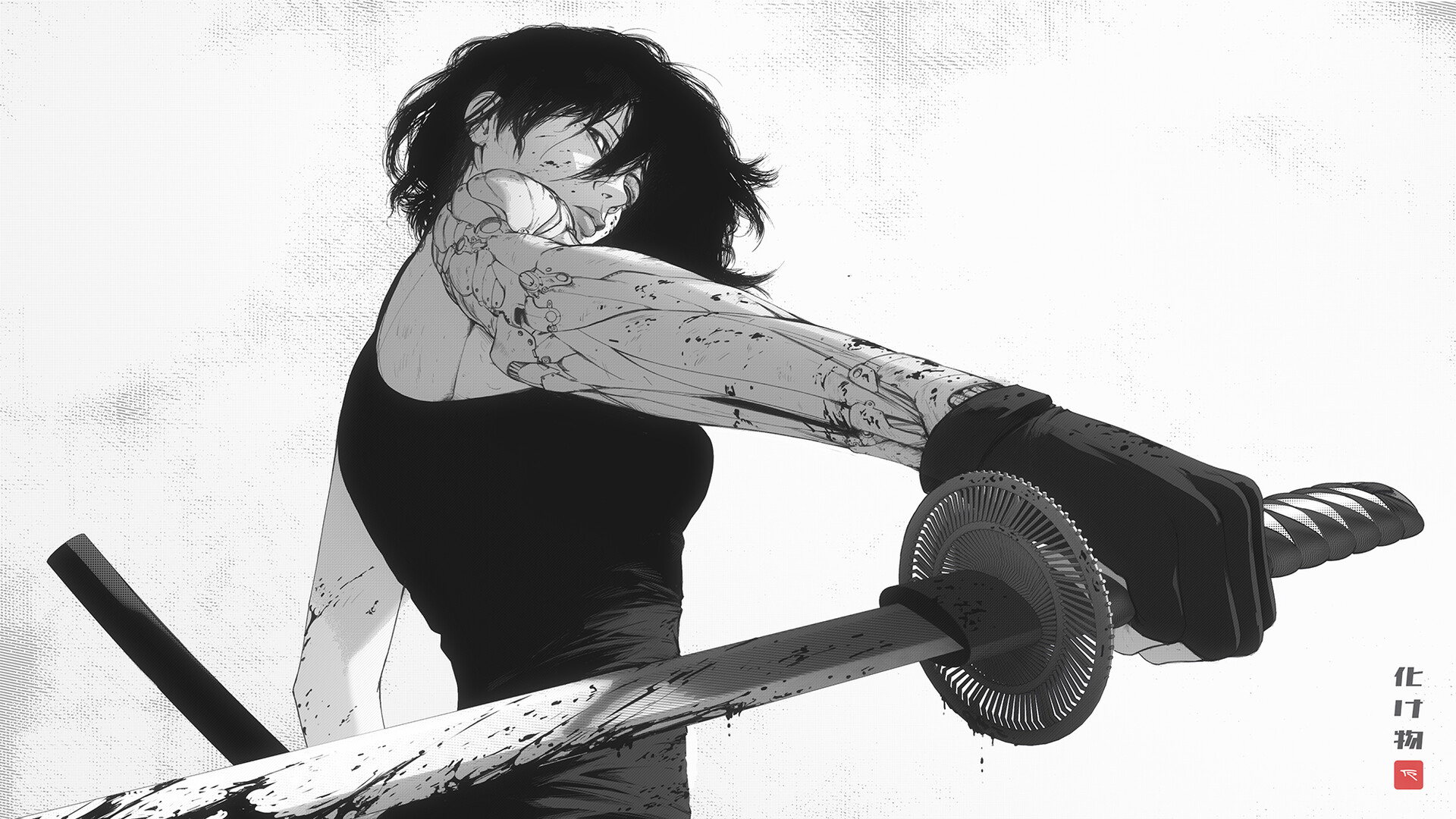 Anime 1920x1080 artwork women sword drawing simple background white background women with swords warrior blood Tonton Revolver cyborg