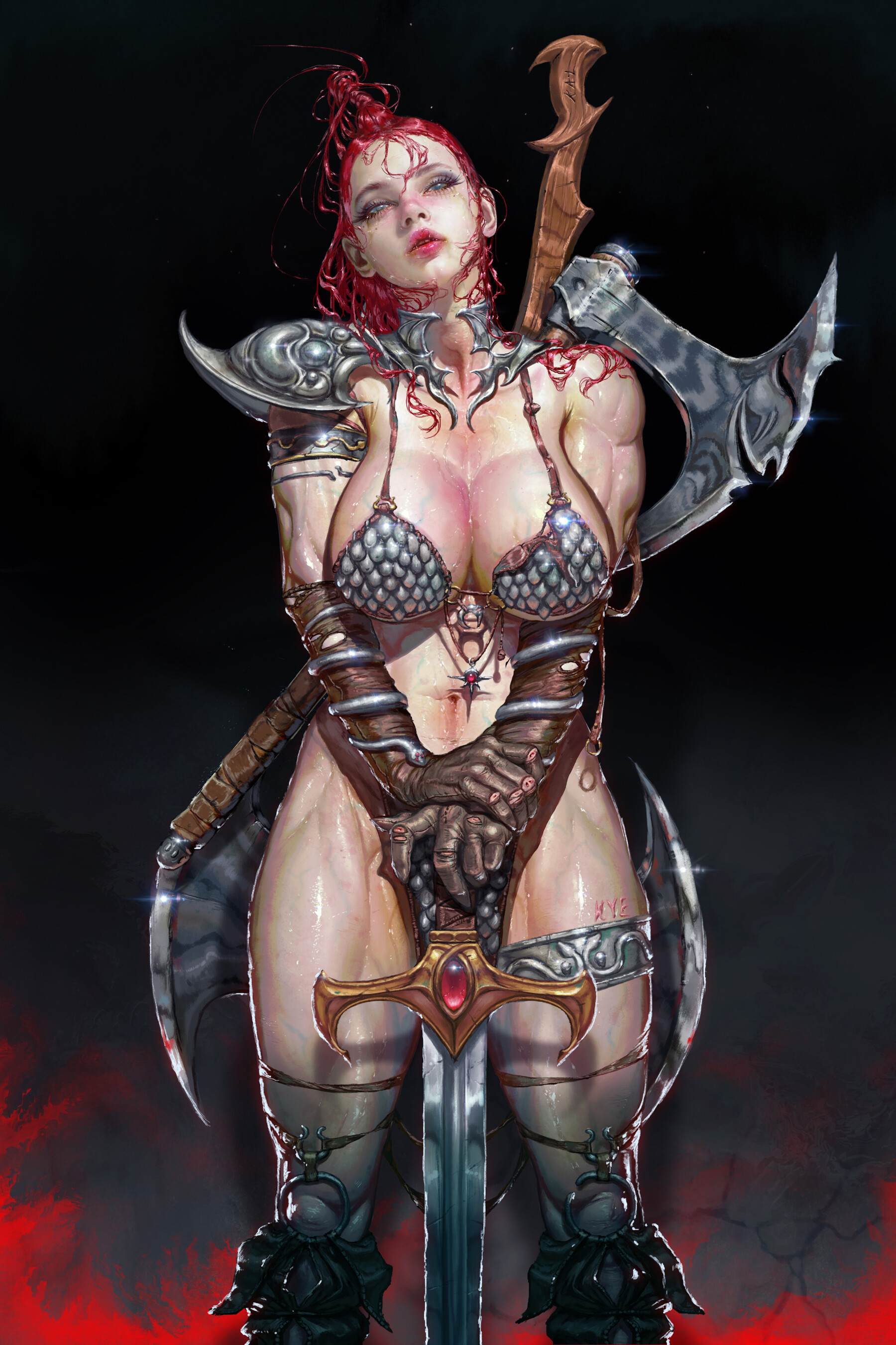 General 1800x2700 KyuYong Eom big boobs redhead portrait display partially clothed muscles cleavage frontal view standing parted lips women digital painting warrior dark background thighs sword veins weapon ArtStation
