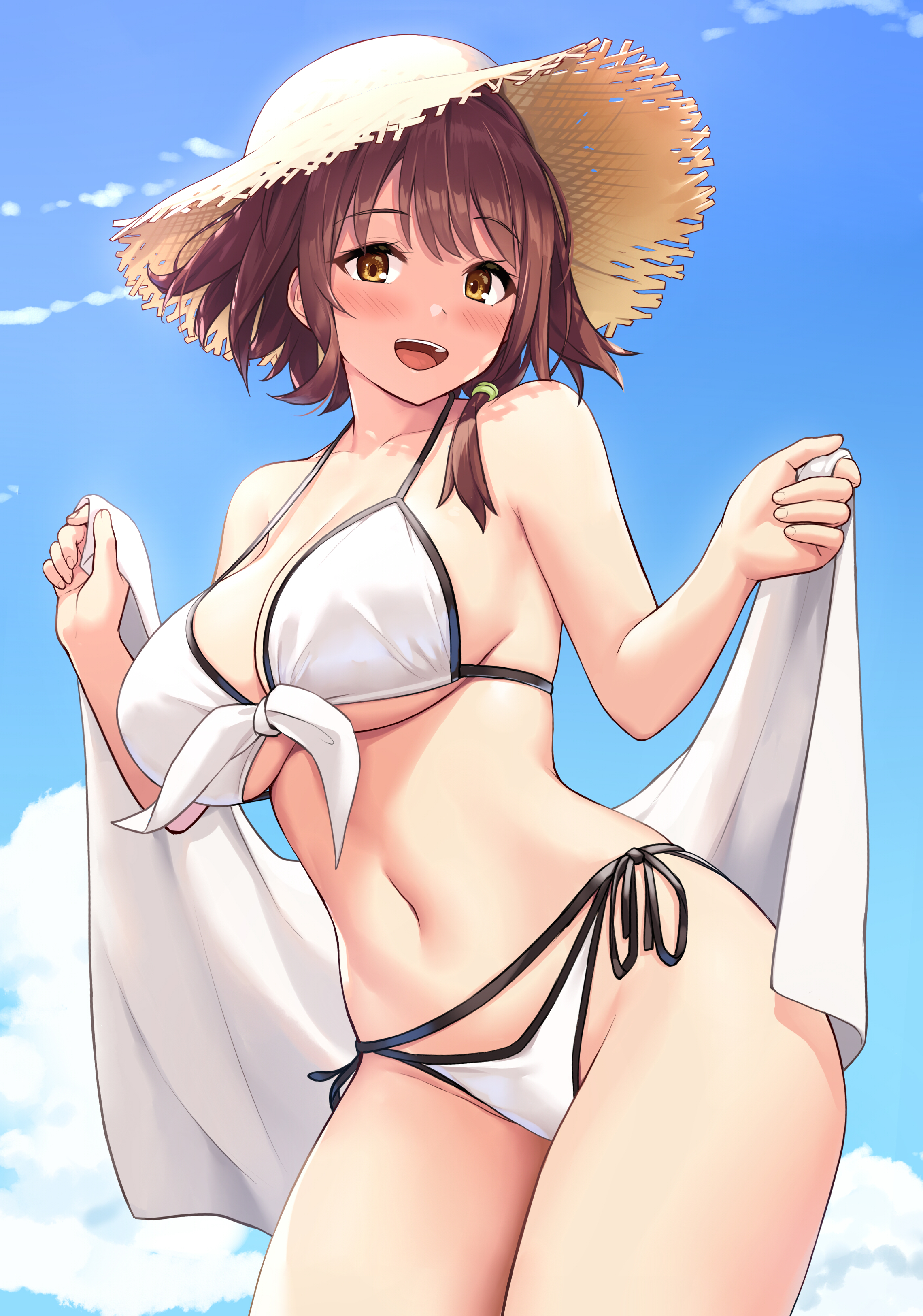 Anime 2280x3250 anime anime girls Sawada Yuusuke artwork brunette brown eyes straw hat bikini big boobs