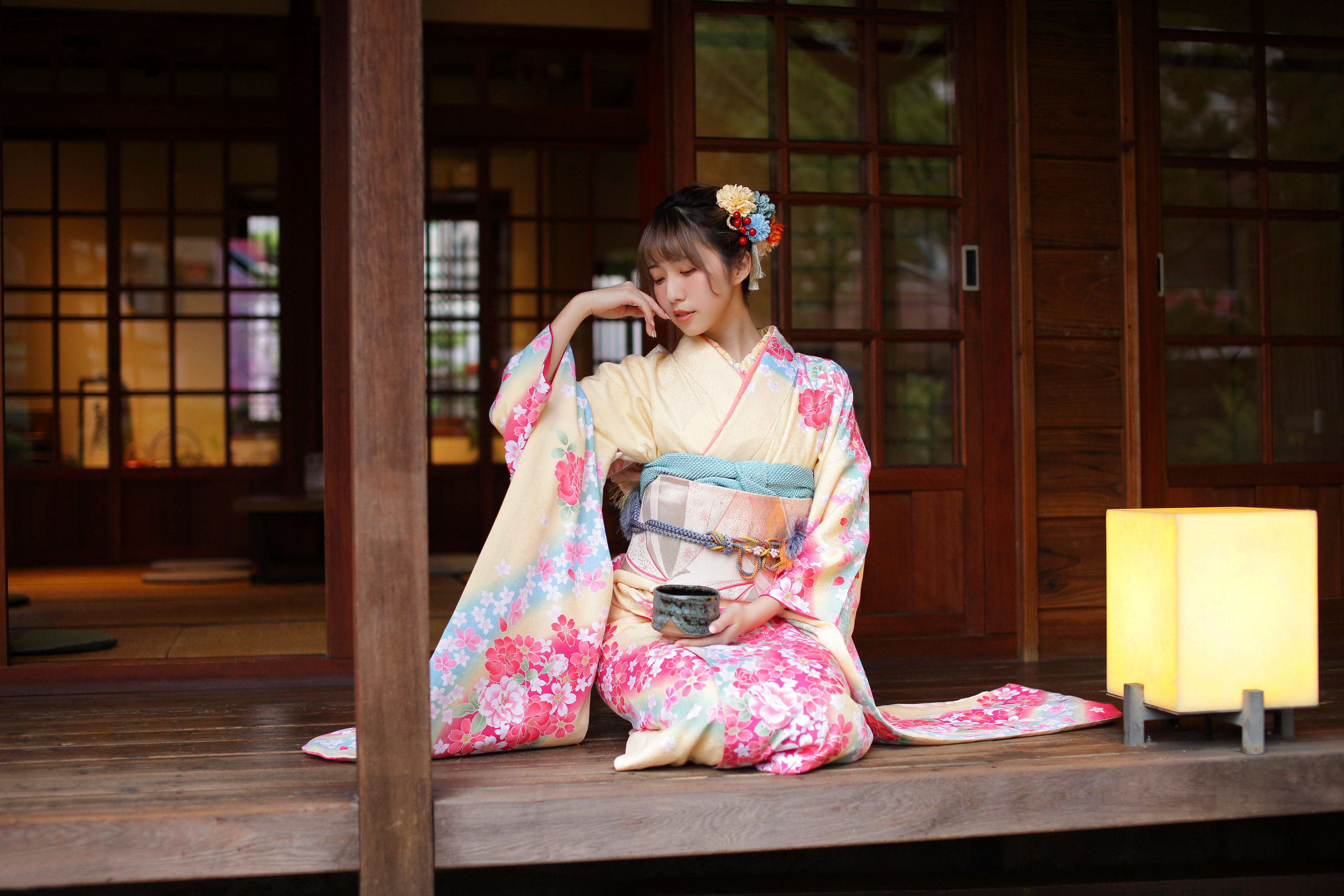 People 3840x2560 Asian model women long hair dark hair depth of field sitting porch traditional clothing kimono hair ornament lamp Japan