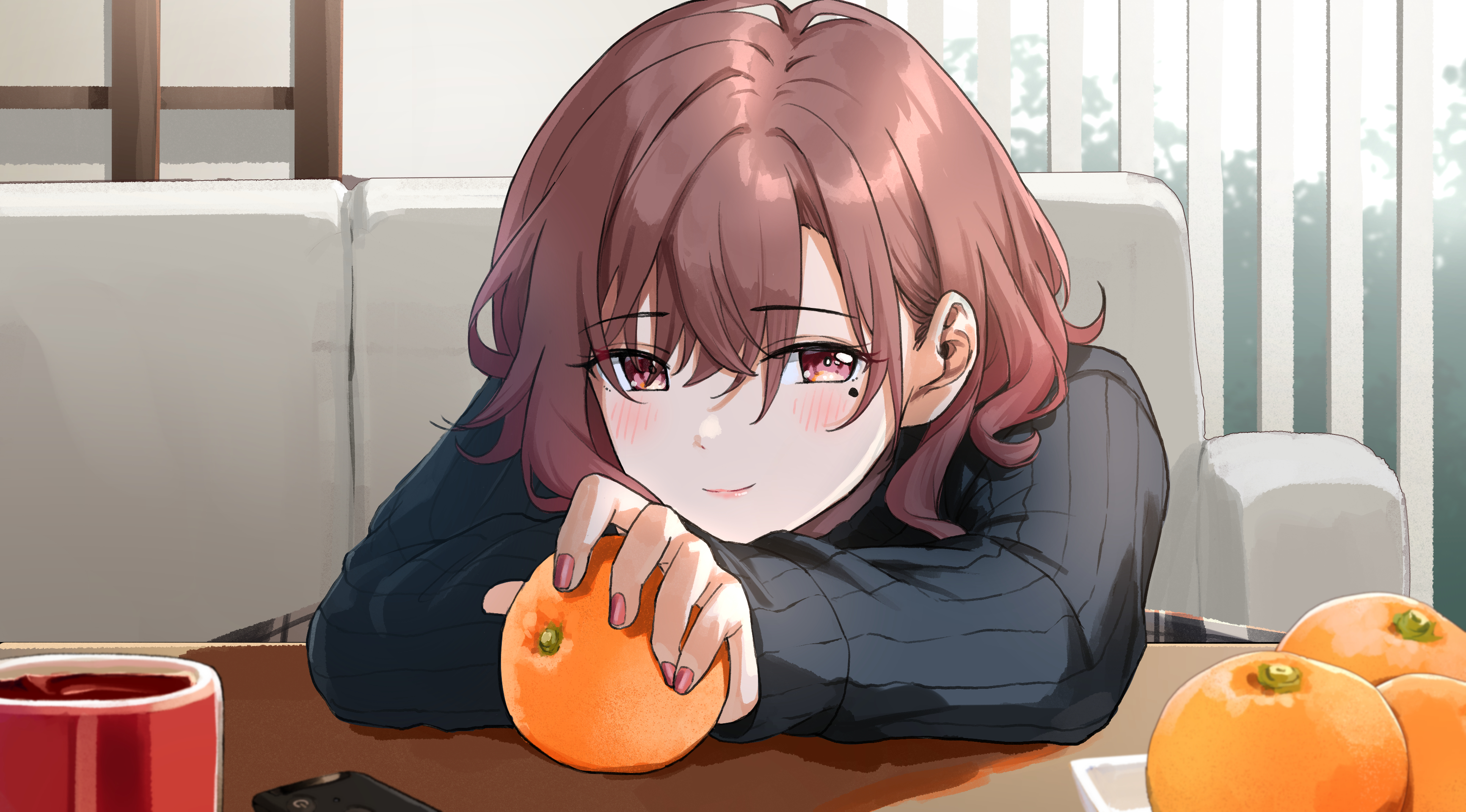 Anime 3464x1920 anime anime girls Nonbiri artwork THE iDOLM@STER Higuchi Madoka smiling brunette orange (fruit) fruit nail polish THE iDOLM@STER: Shiny Colors