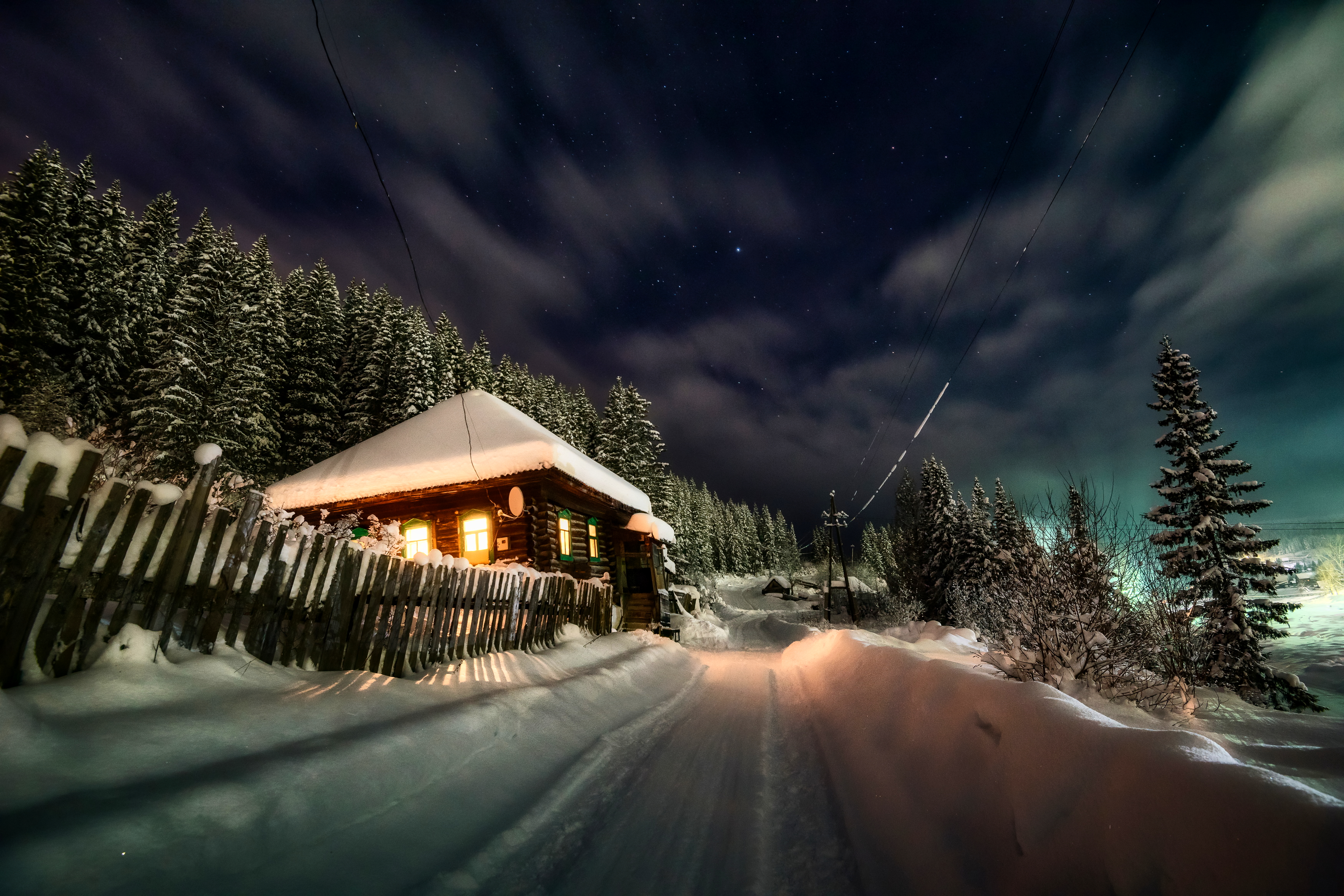 General 3500x2335 road snow winter snow covered lights house night photography outdoors low light