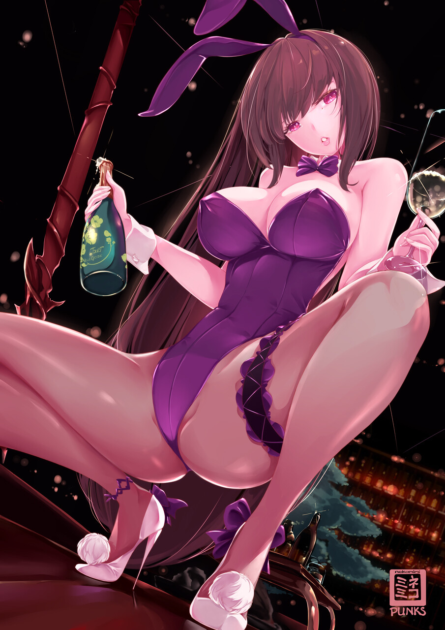 Anime 905x1280 anime girls long hair night NekomimiPUNKS portrait display bunny suit bunny girl bunny ears white heels champagne pantyhose leotard low-angle head tilt looking at viewer bottles wine glass glass thigh strap big boobs cleavage alcohol animal ears blushing squatting spread legs weapon spear red eyes brunette city lights lights stars starry night starred sky sky heels stilettoes Scathach watermarked