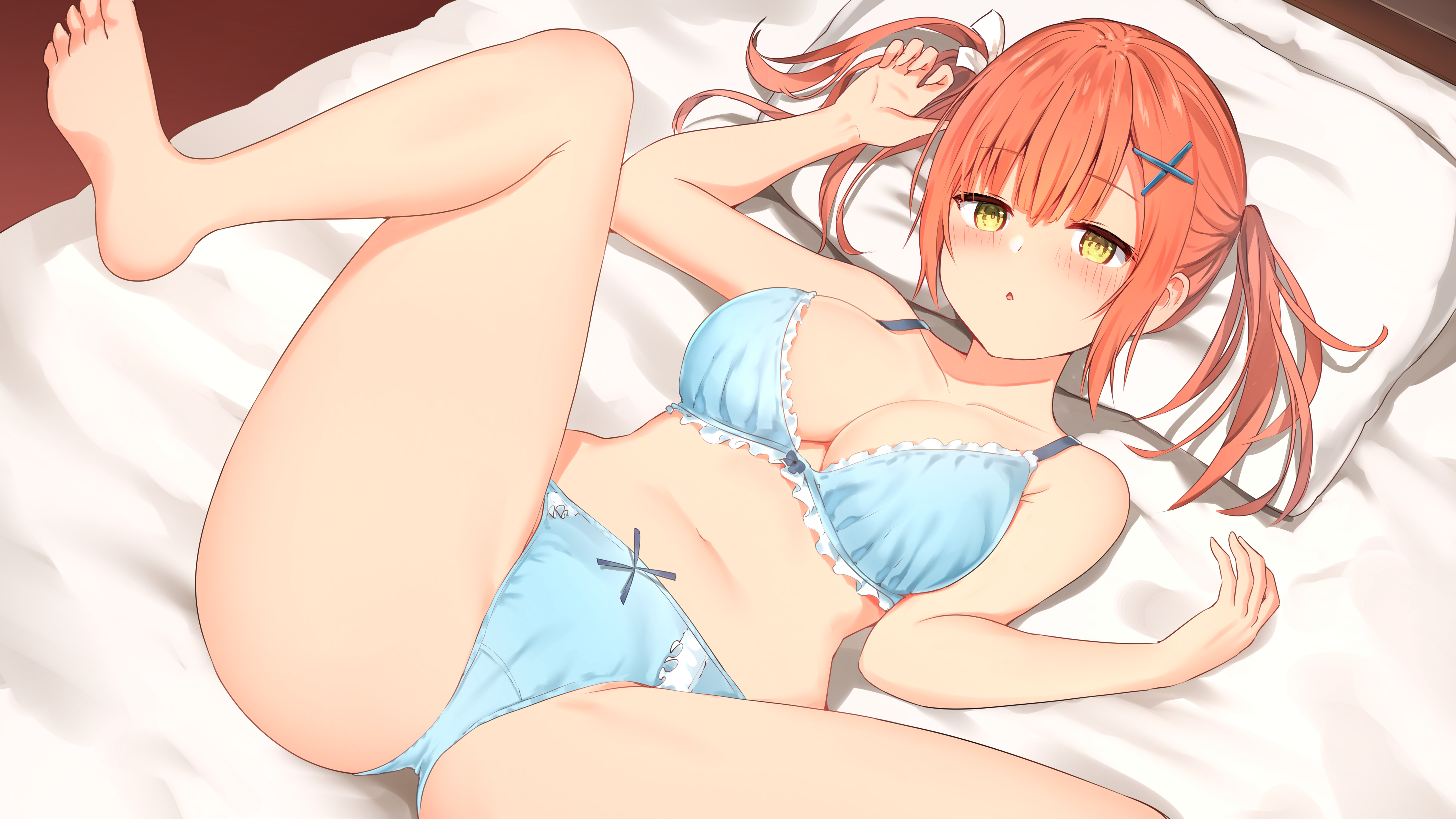 Anime 5119x2880 anime anime girls Sune artwork redhead yellow eyes blushing in bed underwear cleavage legs up spread legs