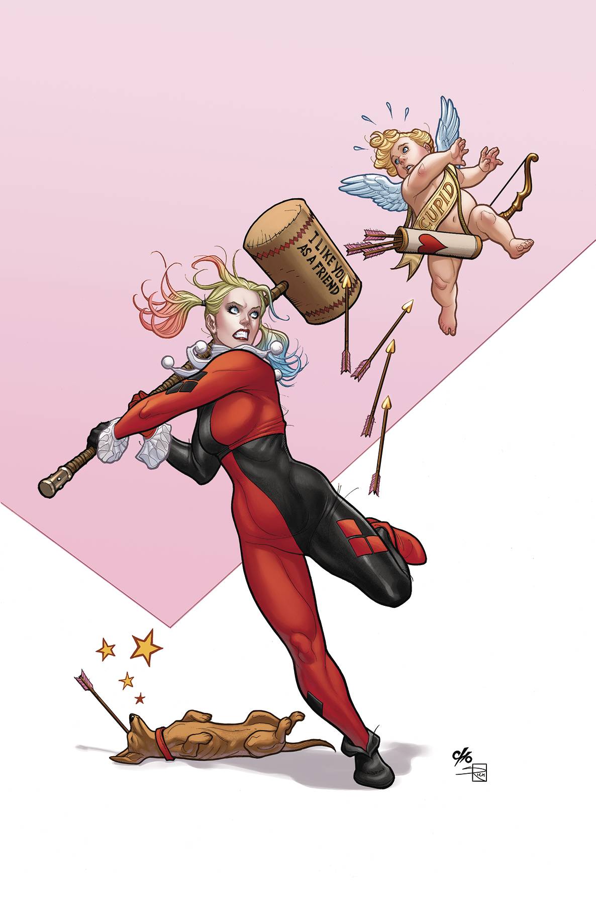 Anime 1186x1800 Frank Cho Harley Quinn hammer humor boobs bodysuit blonde villains dog comics comic art DC Comics