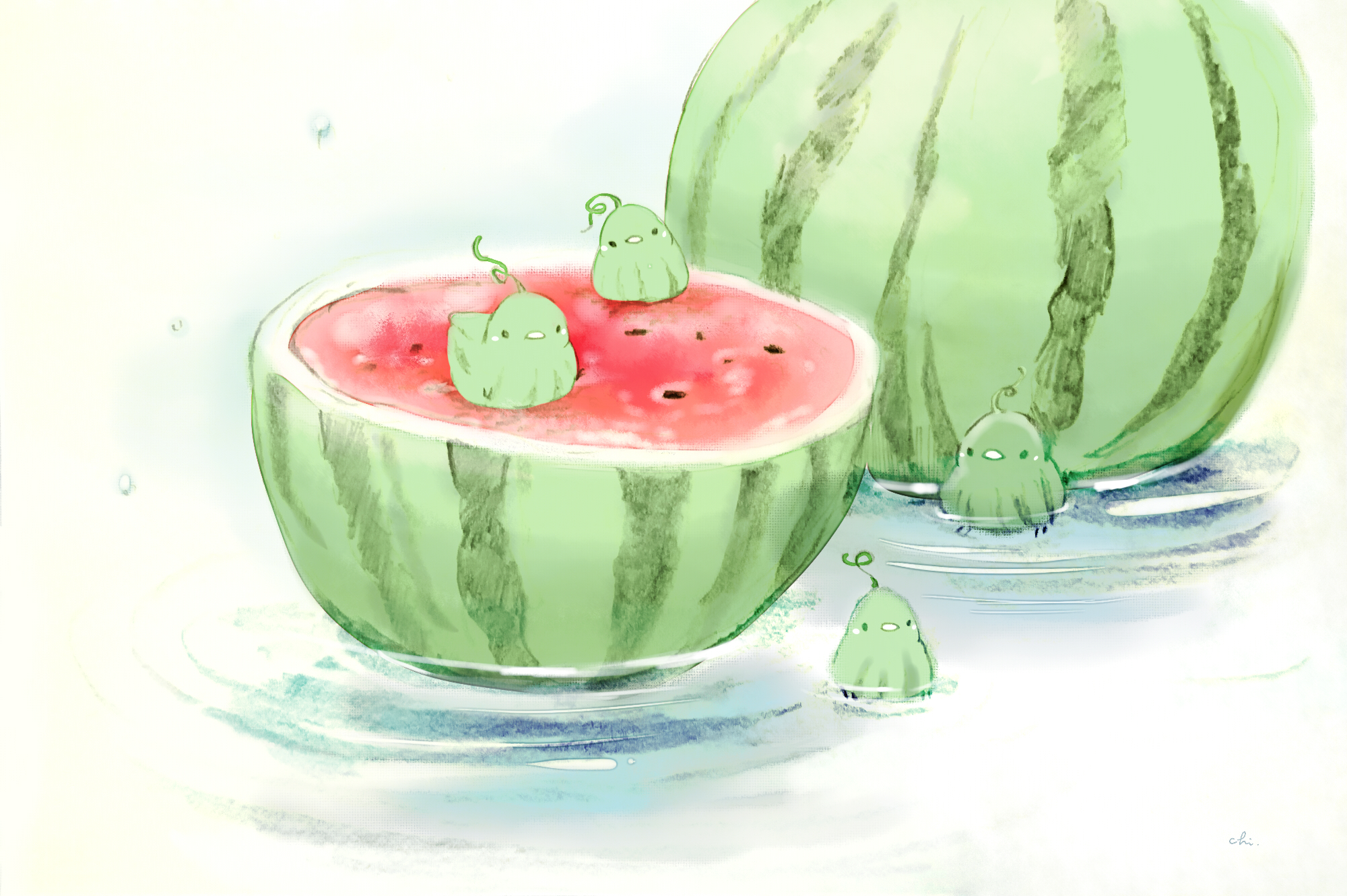 Anime 2000x1331 anime food watermelons birds water