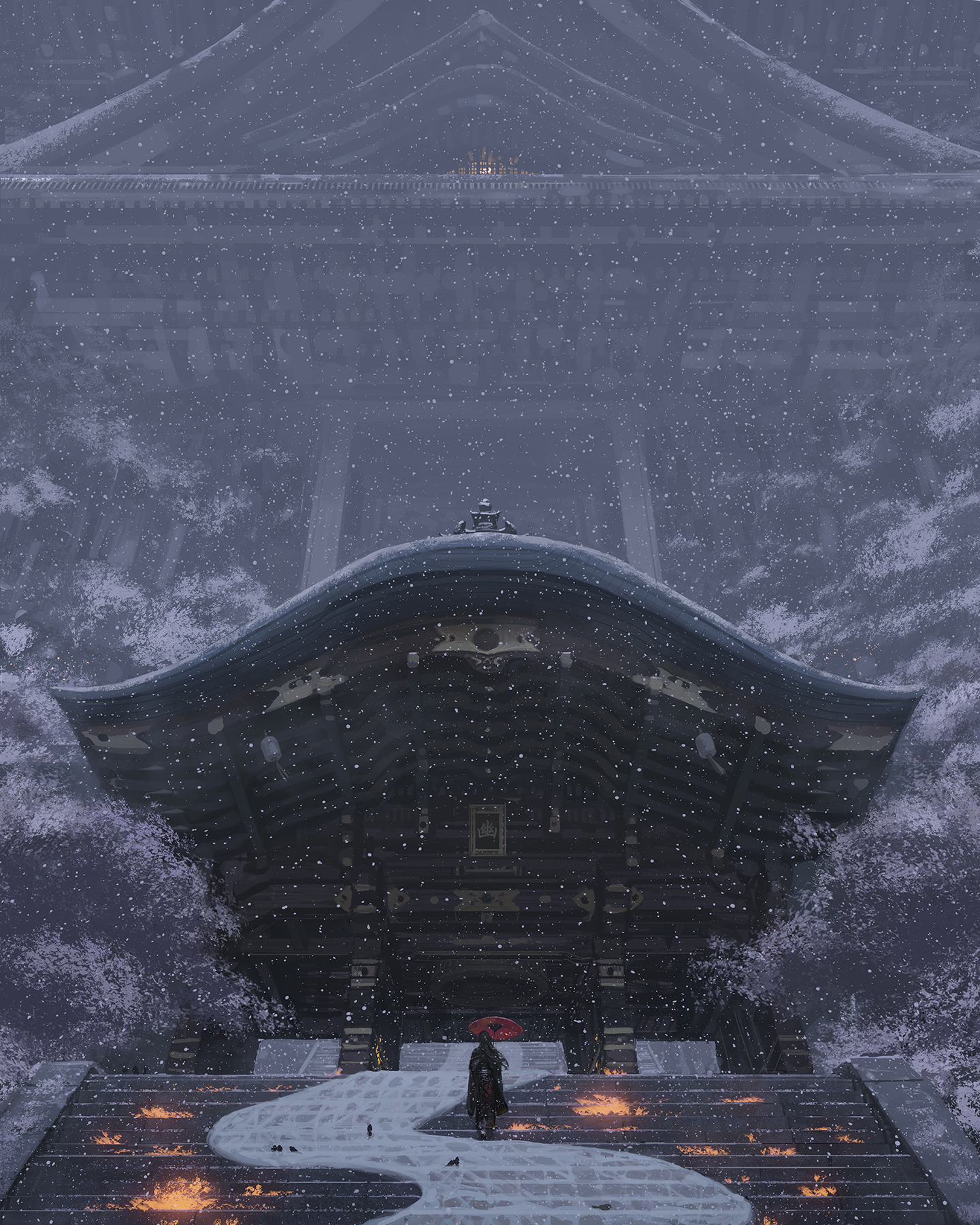 General 1440x1800 GUWEIZ digital art artwork digital painting snow umbrella birds kimono Japanese clothes